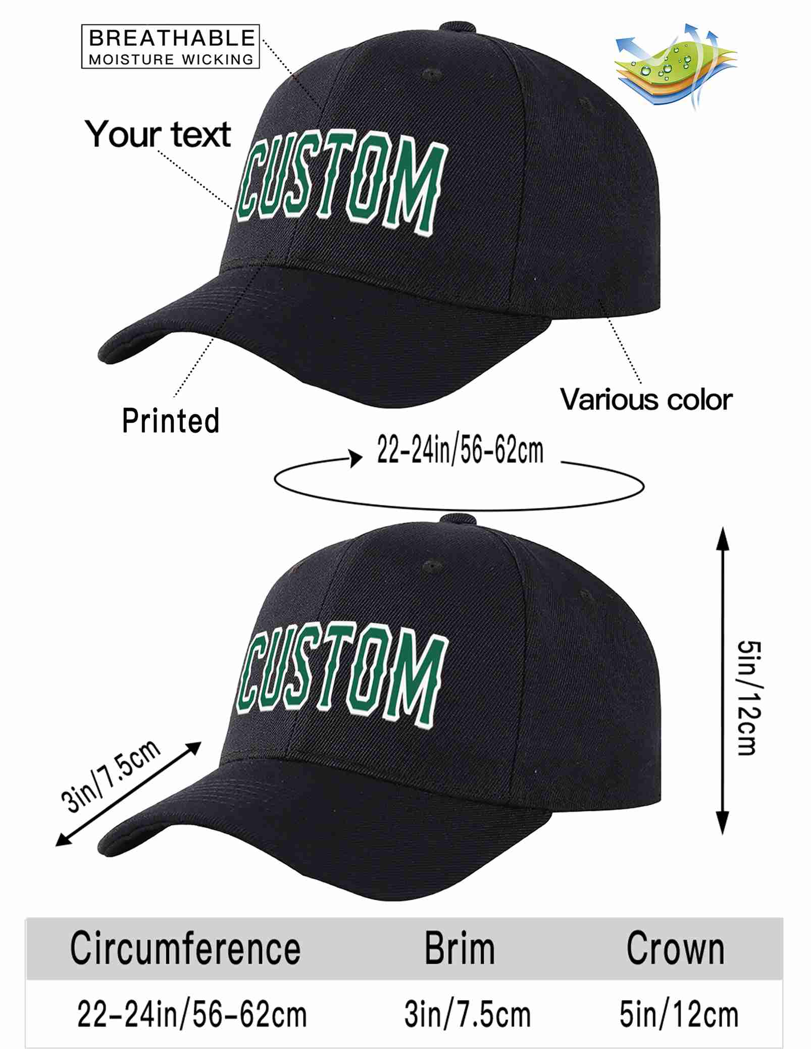 Custom Black Kelly Green-White Curved Eaves Sport Baseball Cap Design for Men/Women/Youth