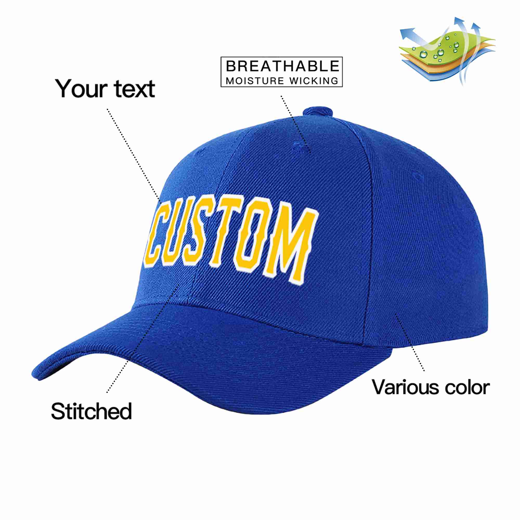 Conception personnalisée de casquette de baseball de sport incurvée jaune-blanc royal pour hommes/femmes/jeunes