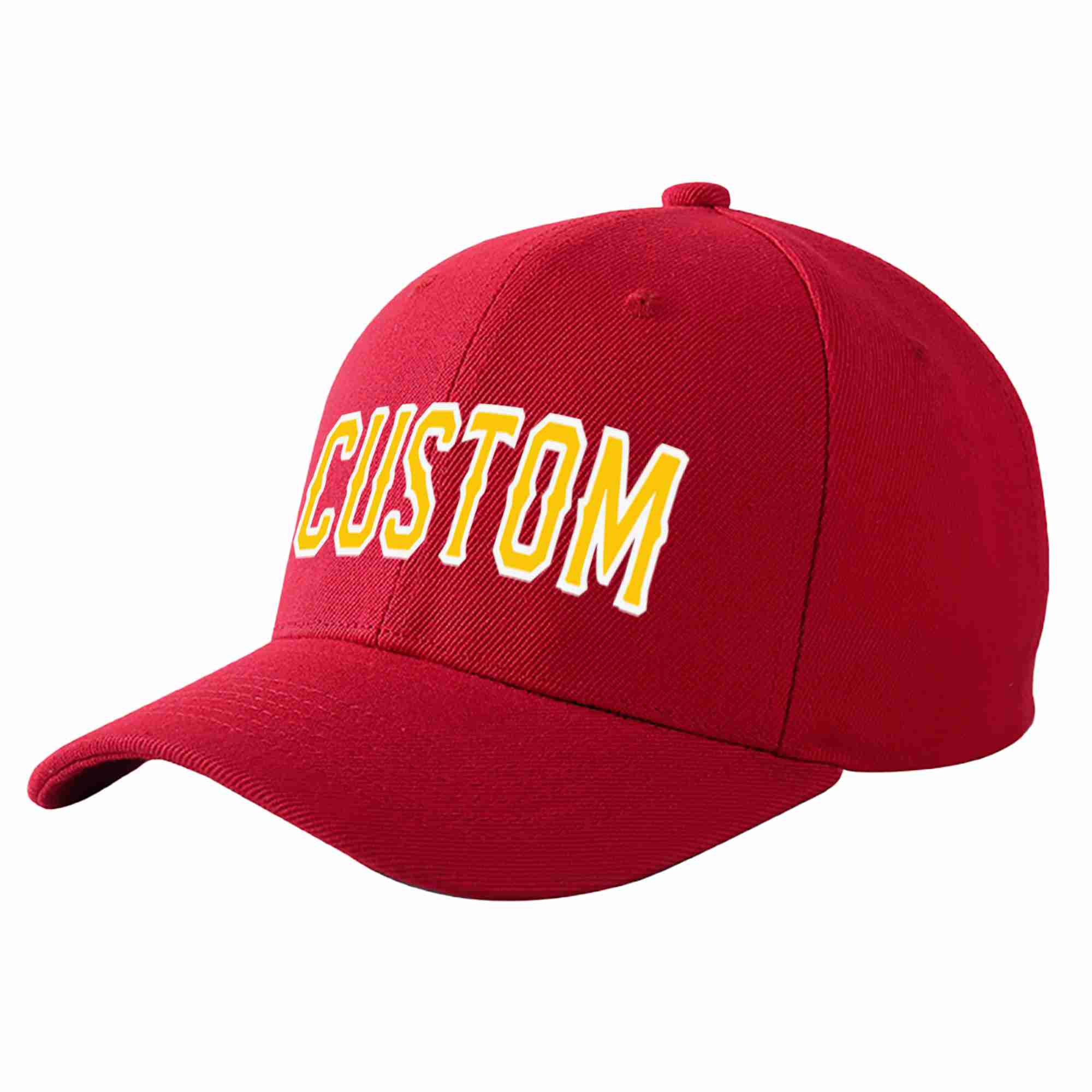 Conception personnalisée de casquette de baseball de sport courbée rouge or-blanc pour hommes/femmes/jeunes