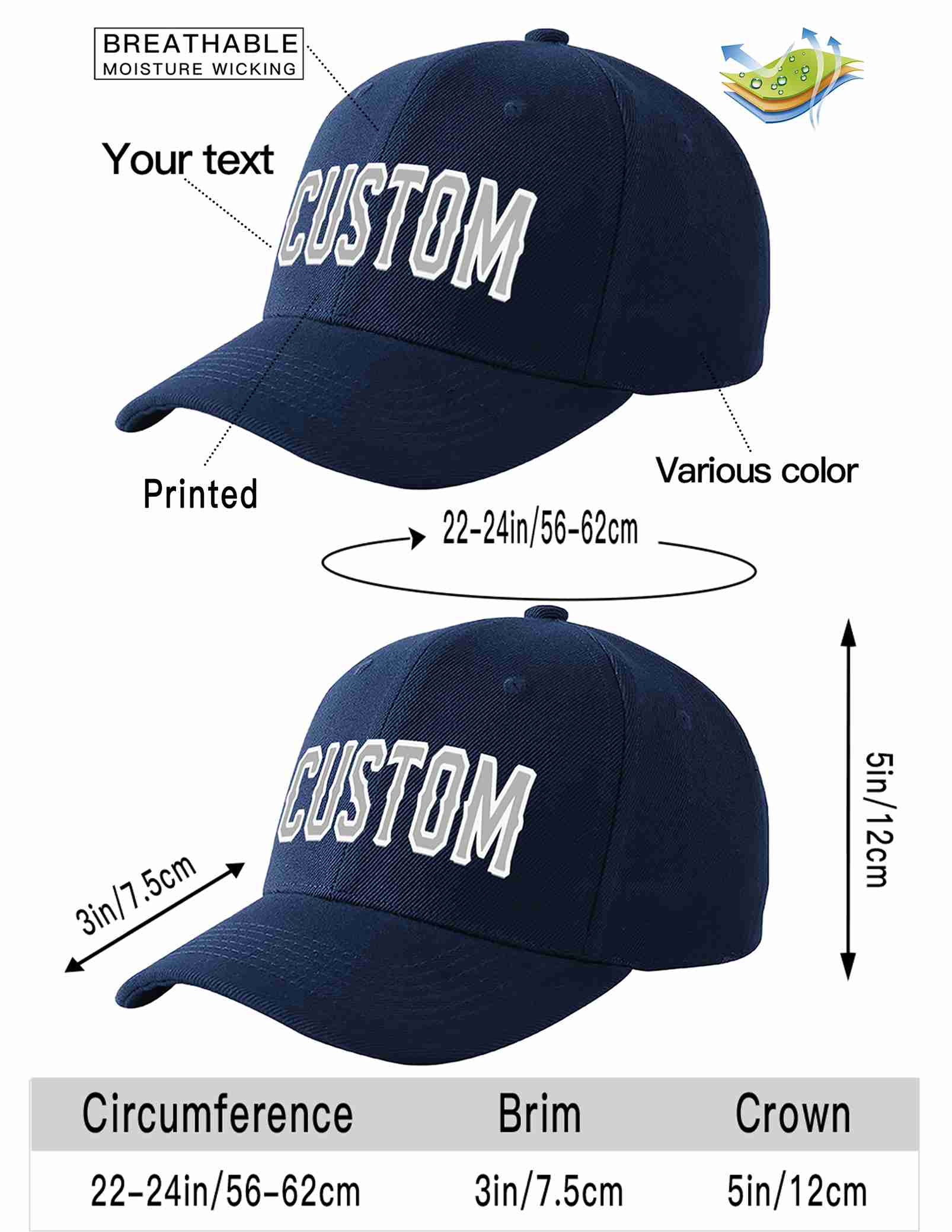 Custom Navy Gray-White Curved Eaves Sport Baseball Cap Design for Men/Women/Youth