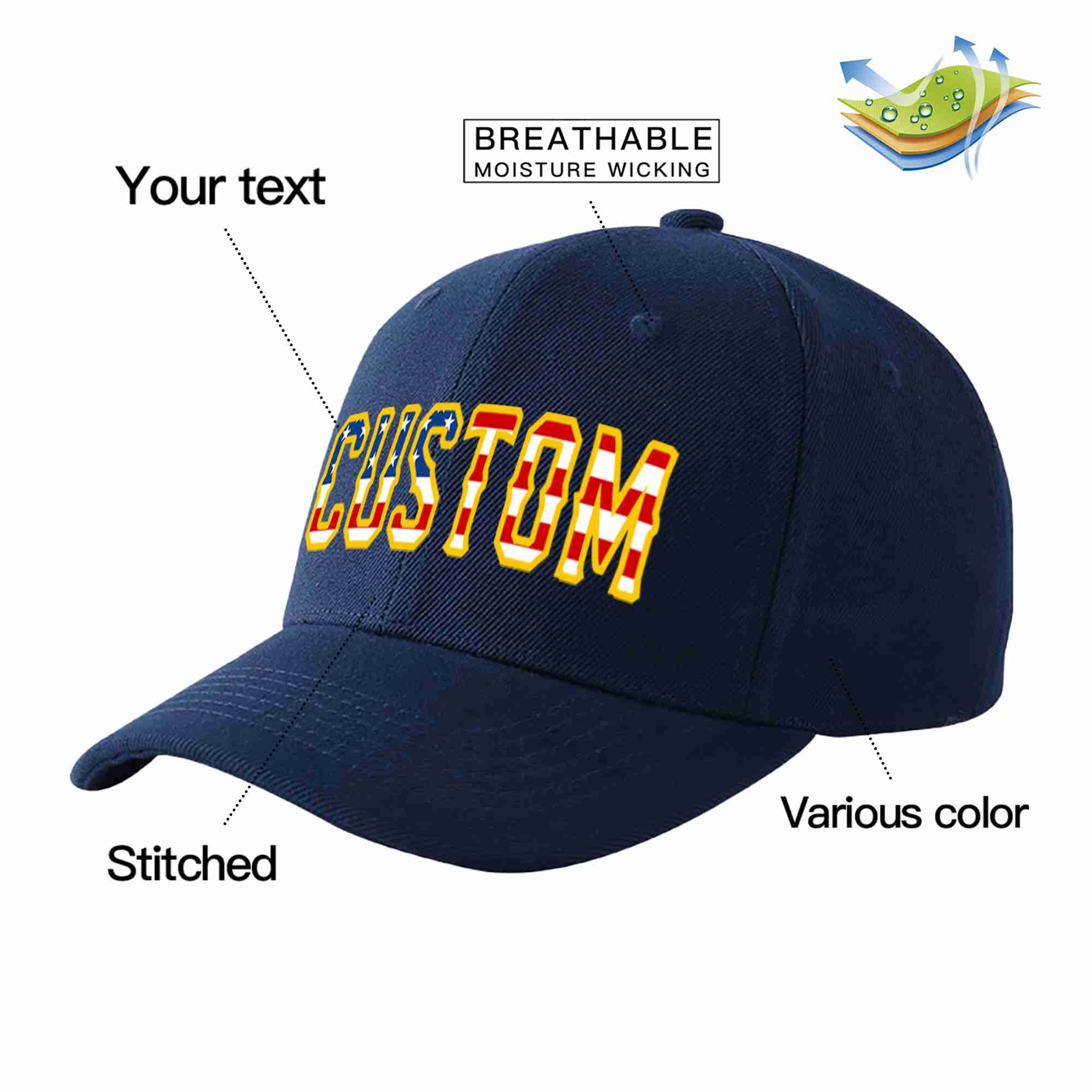 Custom Navy Vintage USA Flag-Gold Curved Eaves Sport Baseball Cap Design for Men/Women/Youth