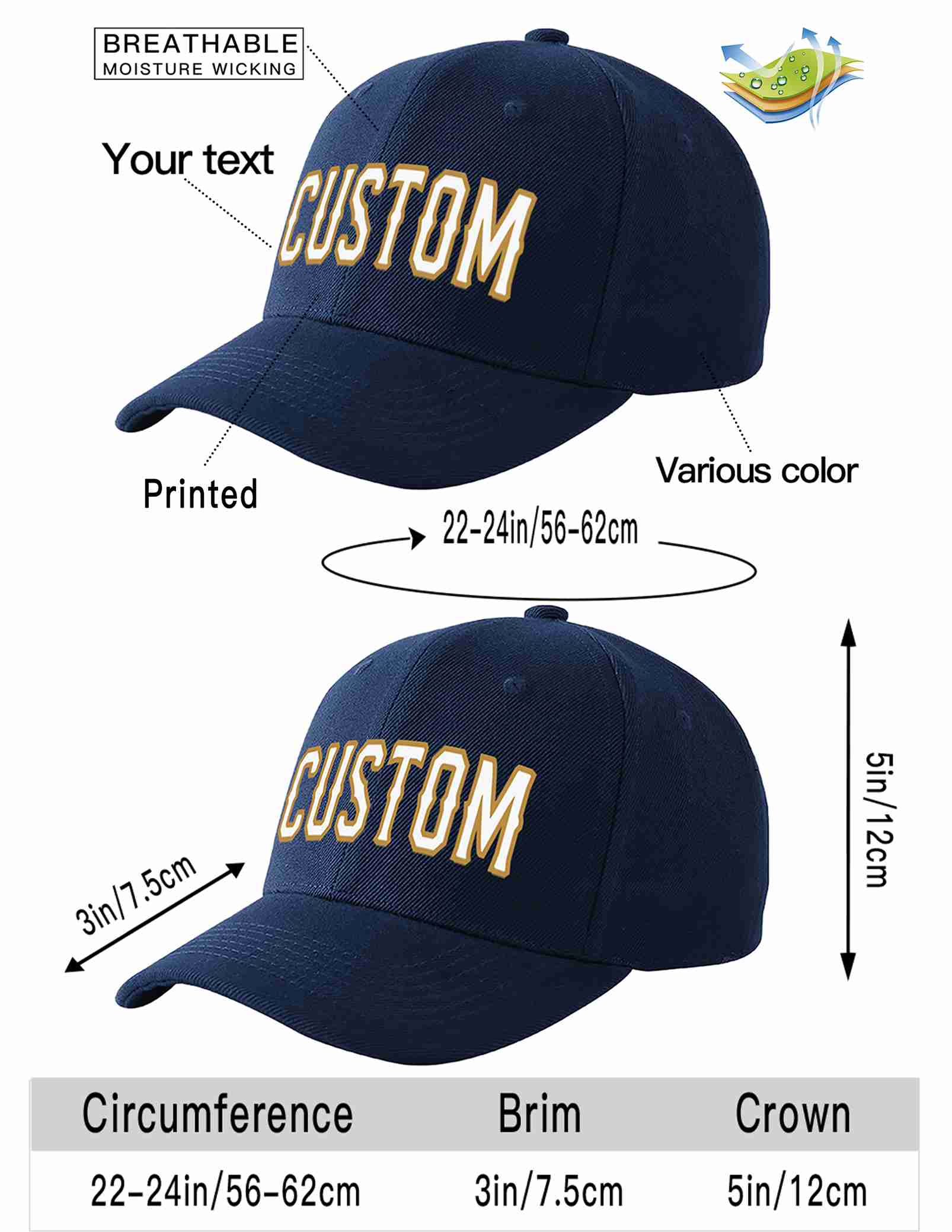 Conception personnalisée de casquette de baseball de sport incurvée blanc-vieil or pour hommes/femmes/jeunes