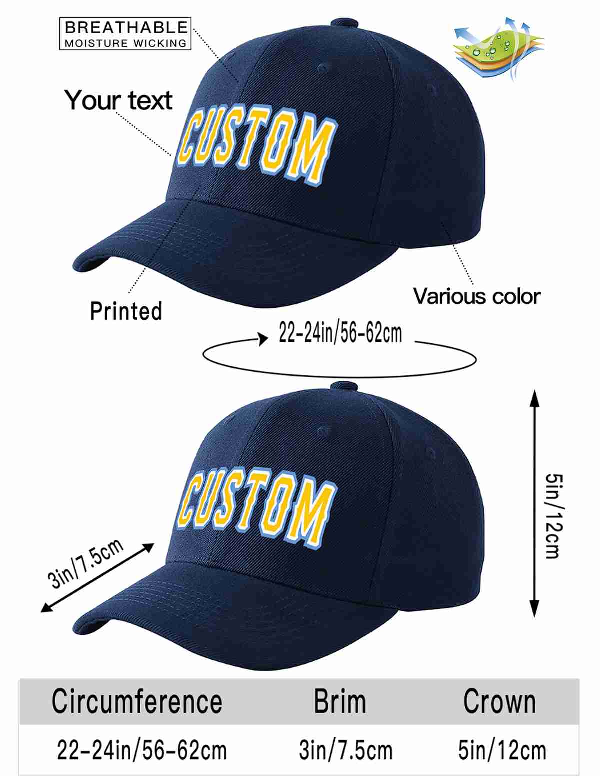 Custom Navy Gold-White Curved Eaves Sport Baseball Cap Design for Men/Women/Youth