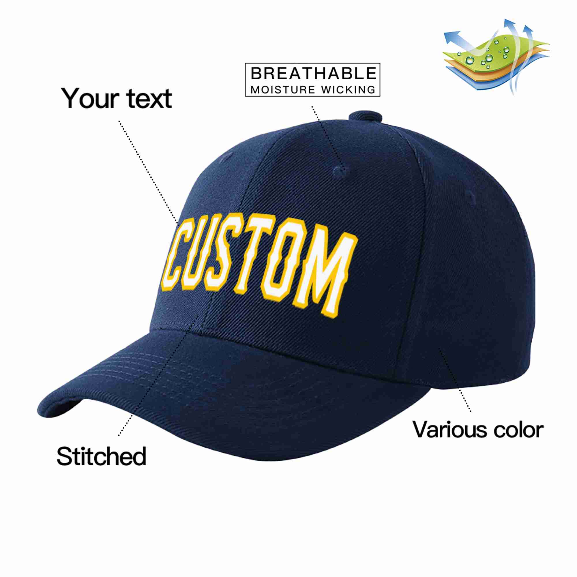 Custom Navy White-Gold Curved Eaves Sport Baseball Cap Design for Men/Women/Youth