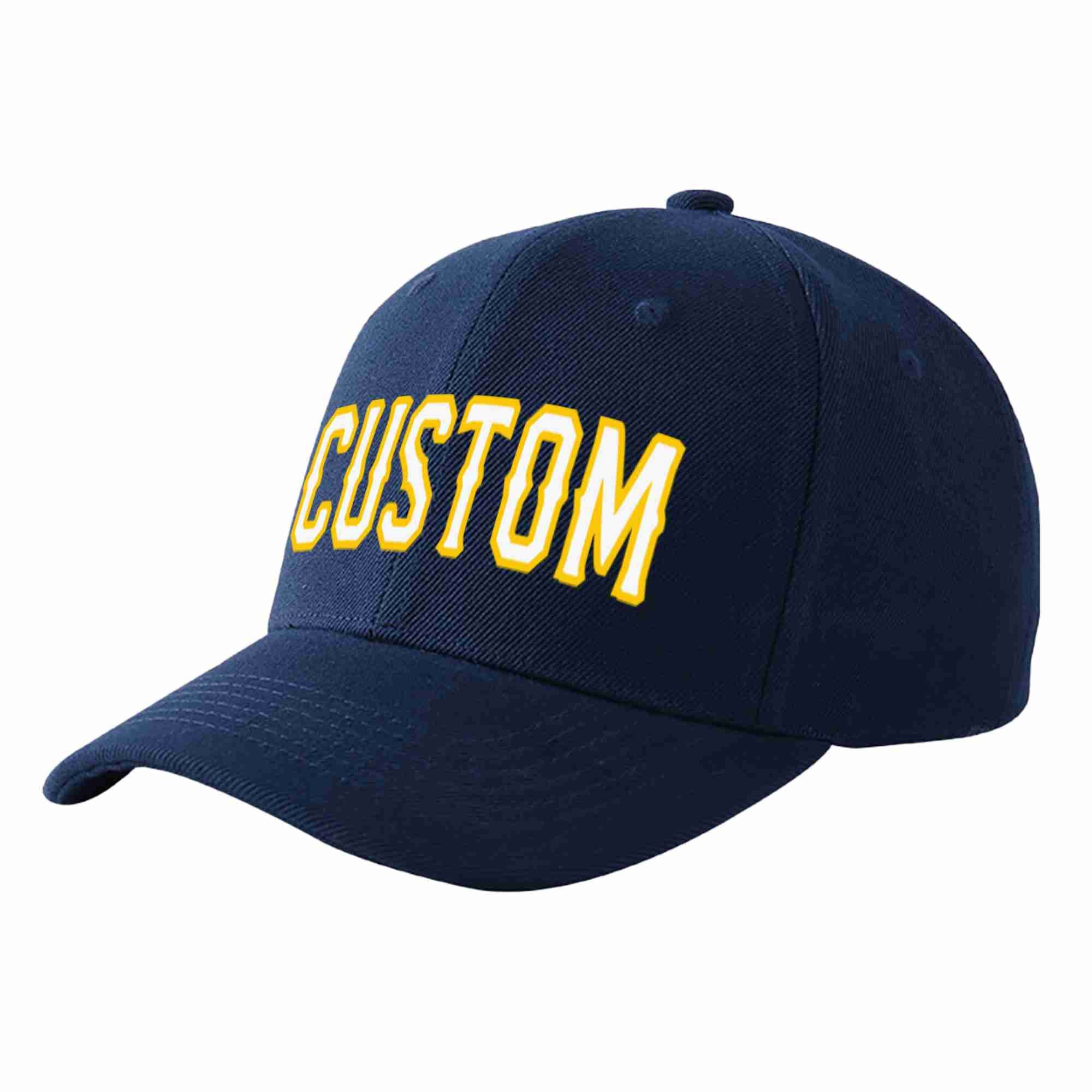 Custom Navy White-Gold Curved Eaves Sport Baseball Cap Design for Men/Women/Youth