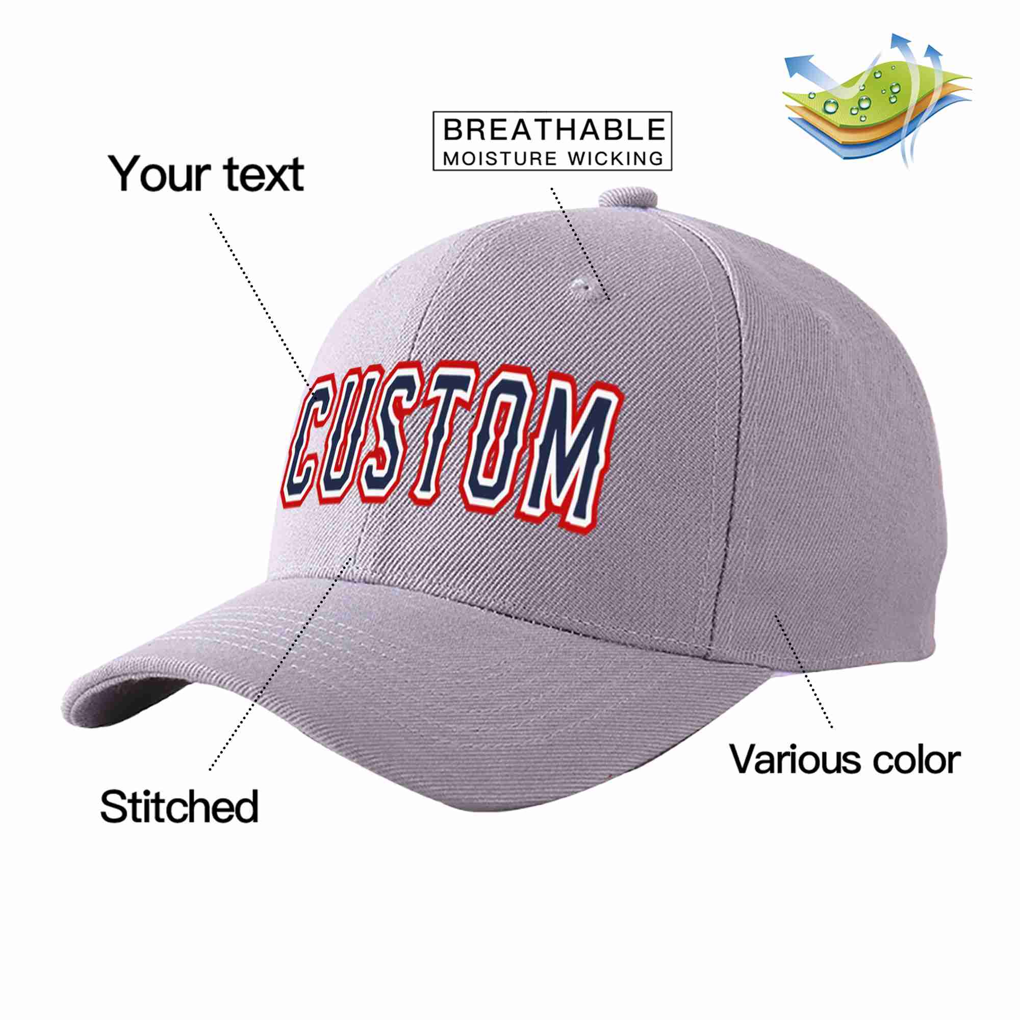 Conception personnalisée de casquette de baseball de sport incurvée gris marine-blanc pour hommes/femmes/jeunes