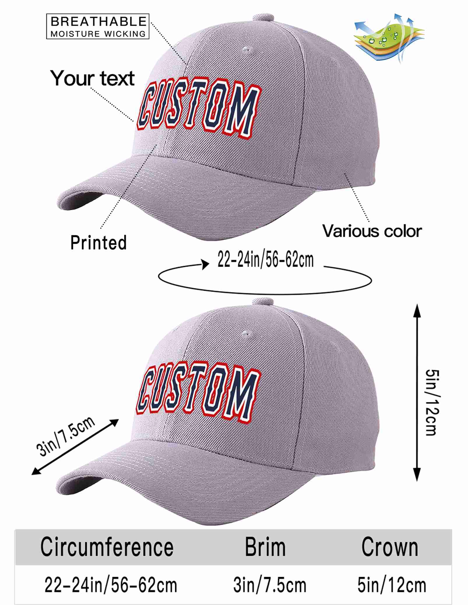 Custom Gray Navy-White Curved Eaves Sport Baseball Cap Design for Men/Women/Youth