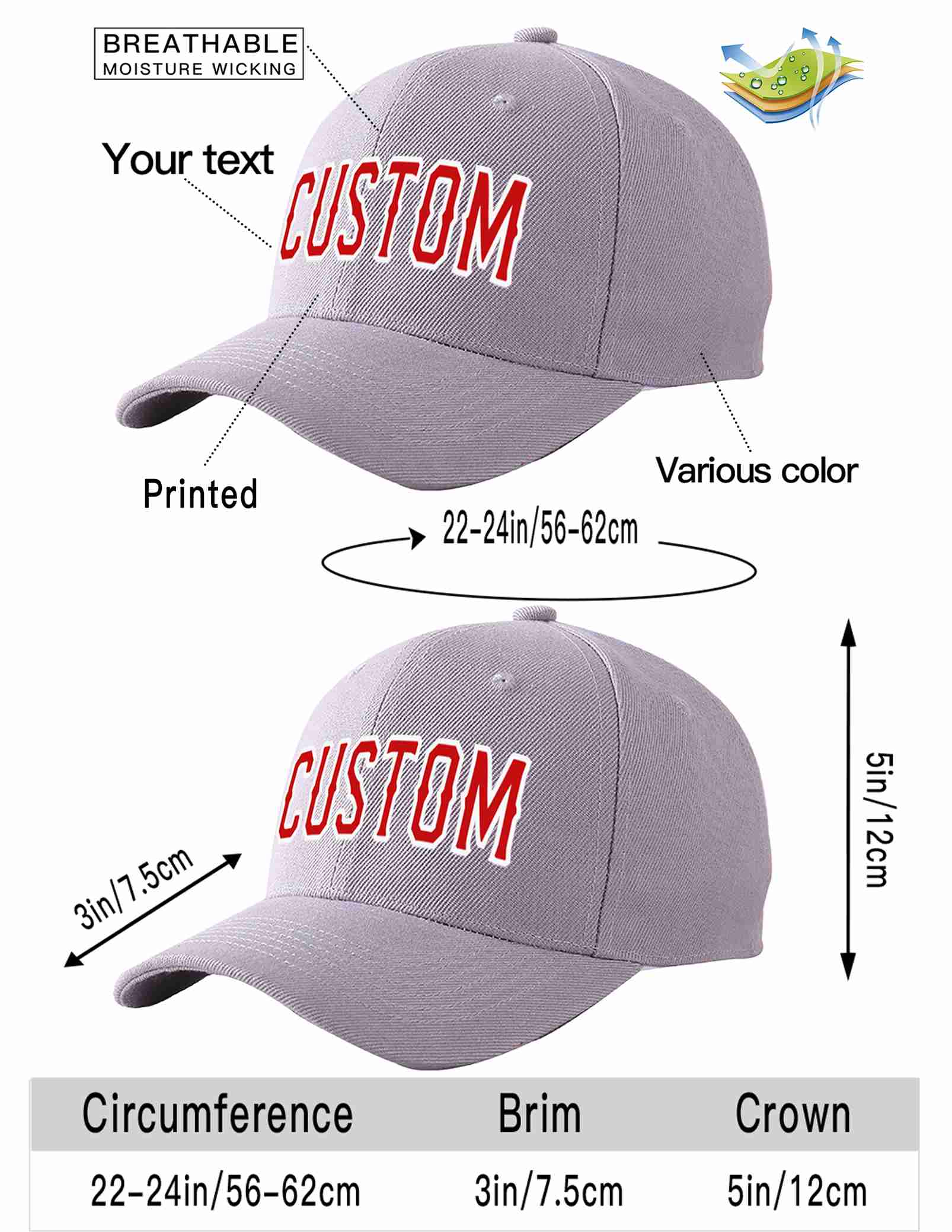 Conception personnalisée de casquette de baseball de sport incurvée avant-toit gris rouge-blanc pour hommes/femmes/jeunes