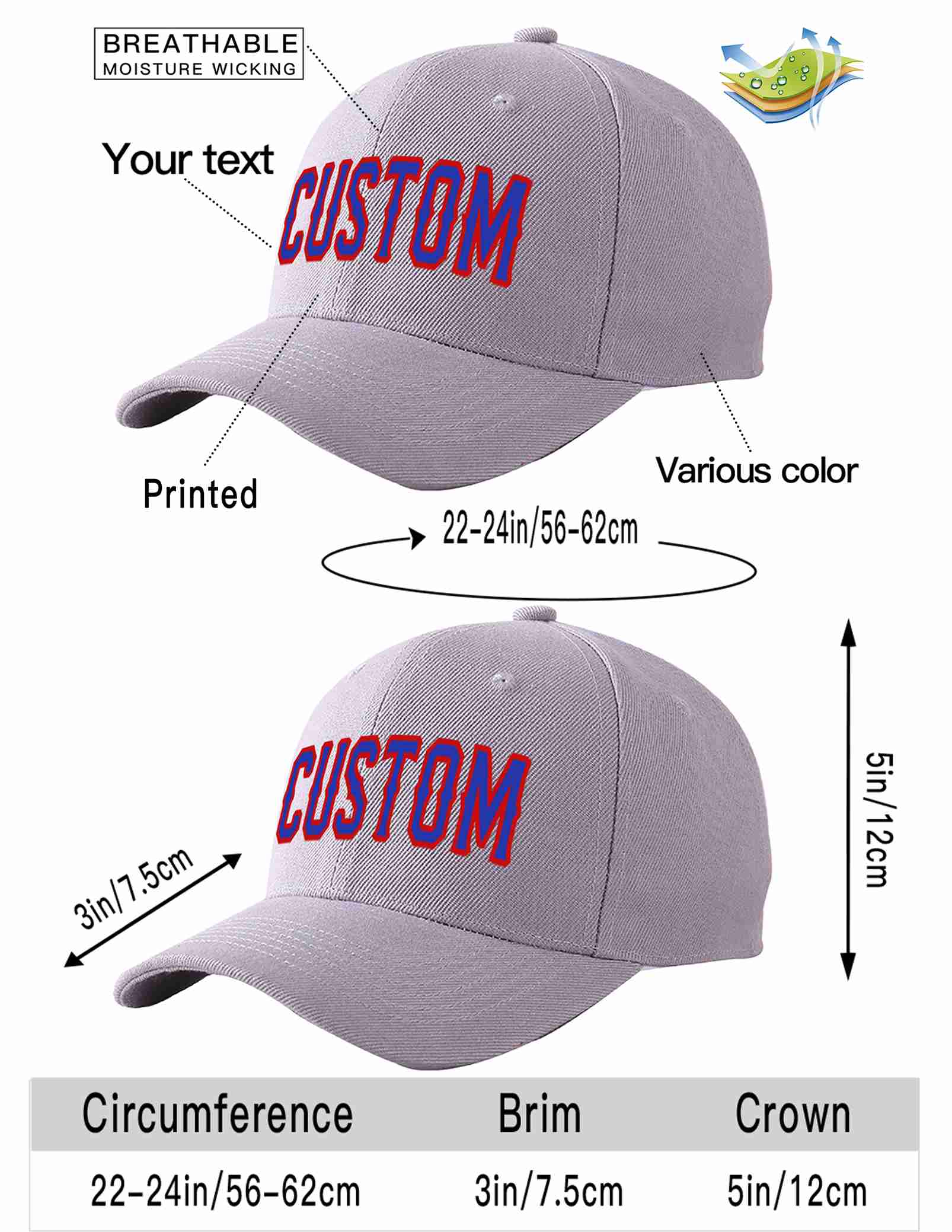 Custom Gray Royal-Red Curved Eaves Sport Baseball Cap Design for Men/Women/Youth