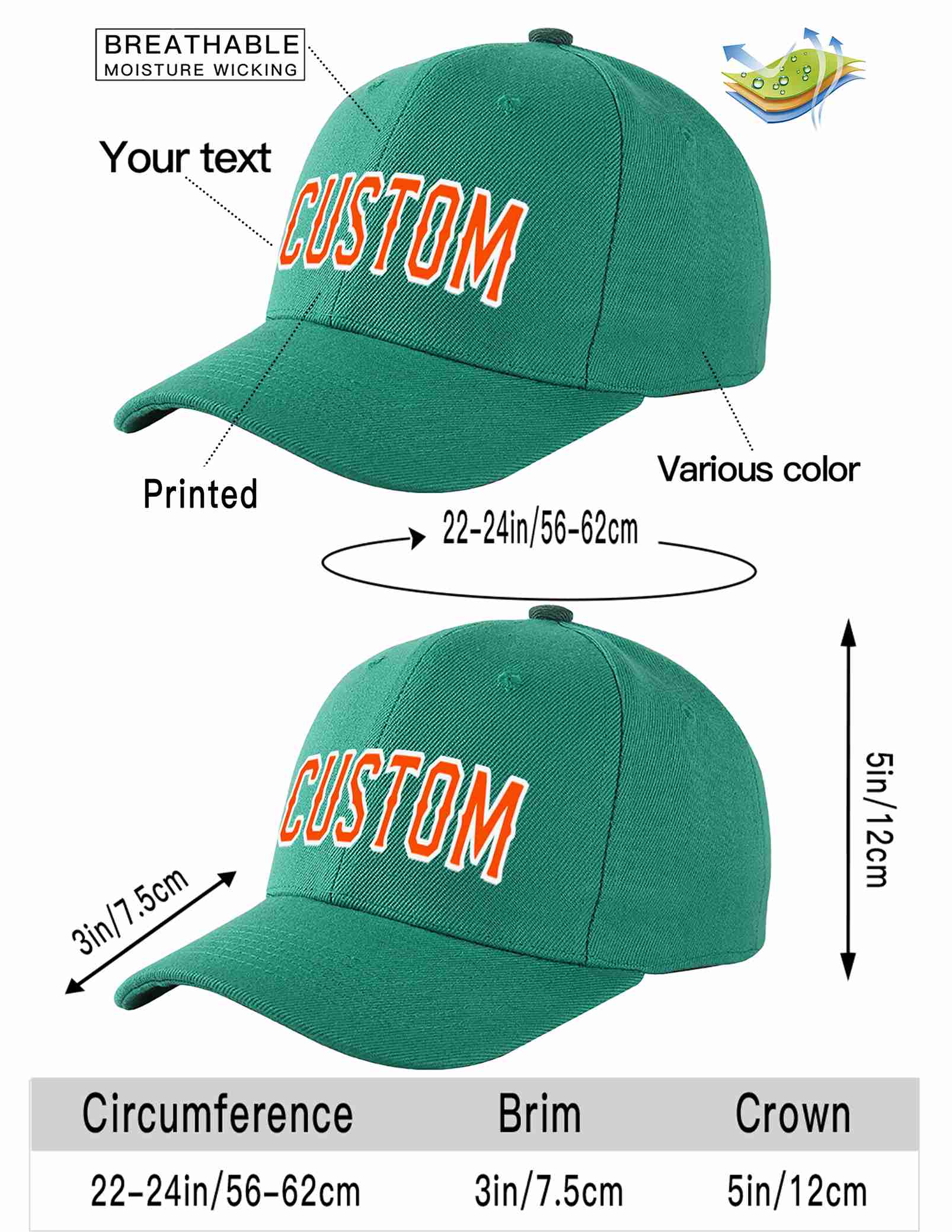 Custom Light Green Orange-White Curved Eaves Sport Baseball Cap Design for Men/Women/Youth