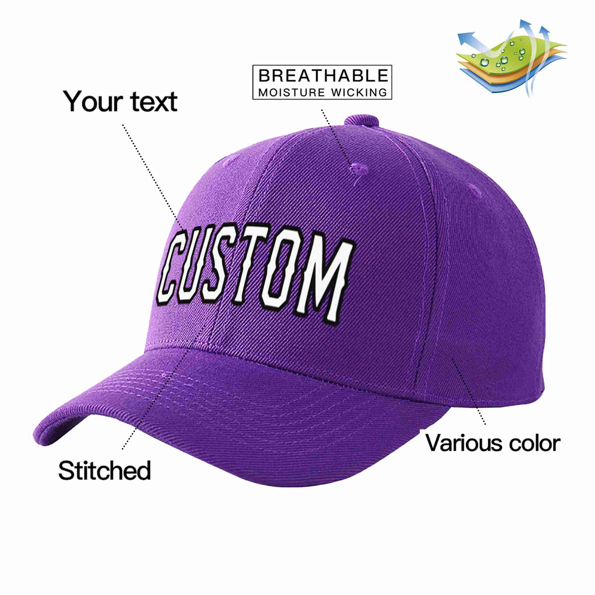 Conception personnalisée de casquette de baseball de sport incurvée violet blanc-noir pour hommes/femmes/jeunes