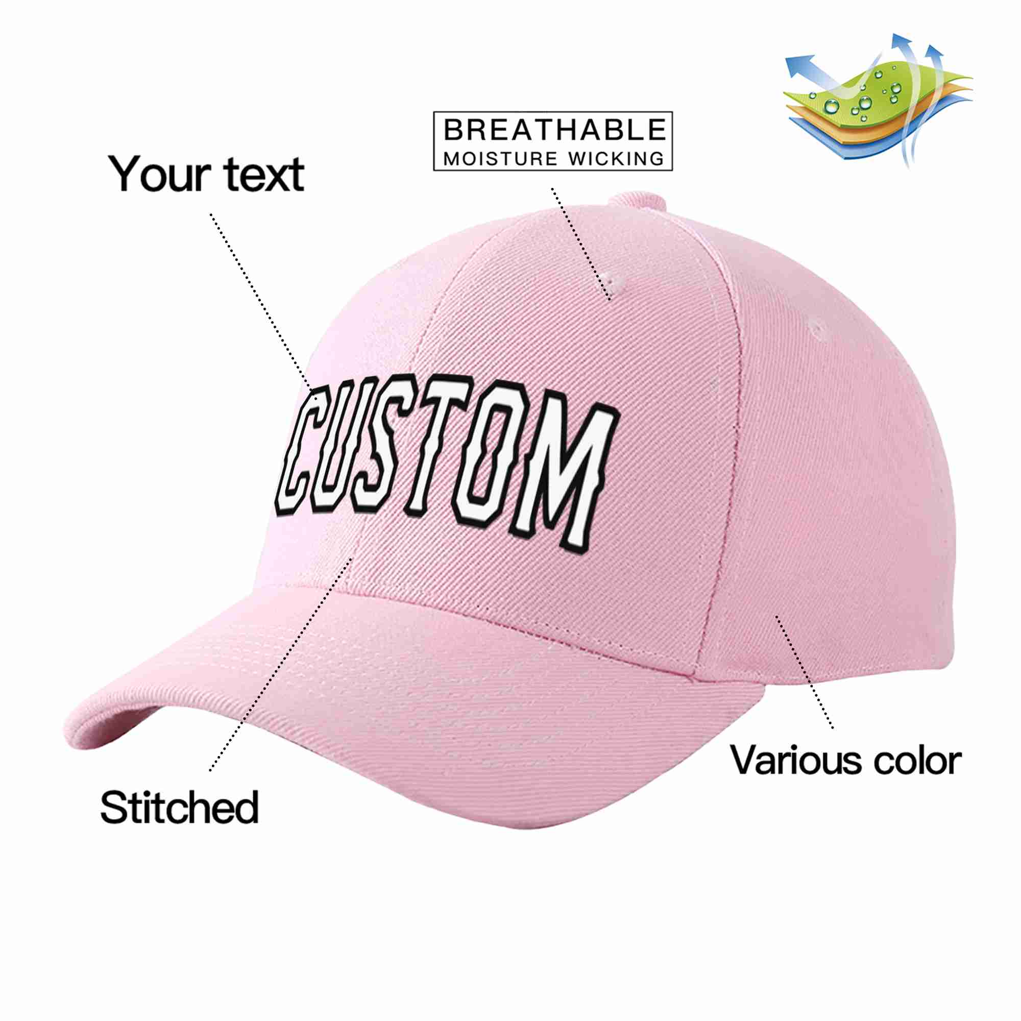 Conception personnalisée de casquette de baseball de sport incurvée rose blanc-noir pour hommes/femmes/jeunes