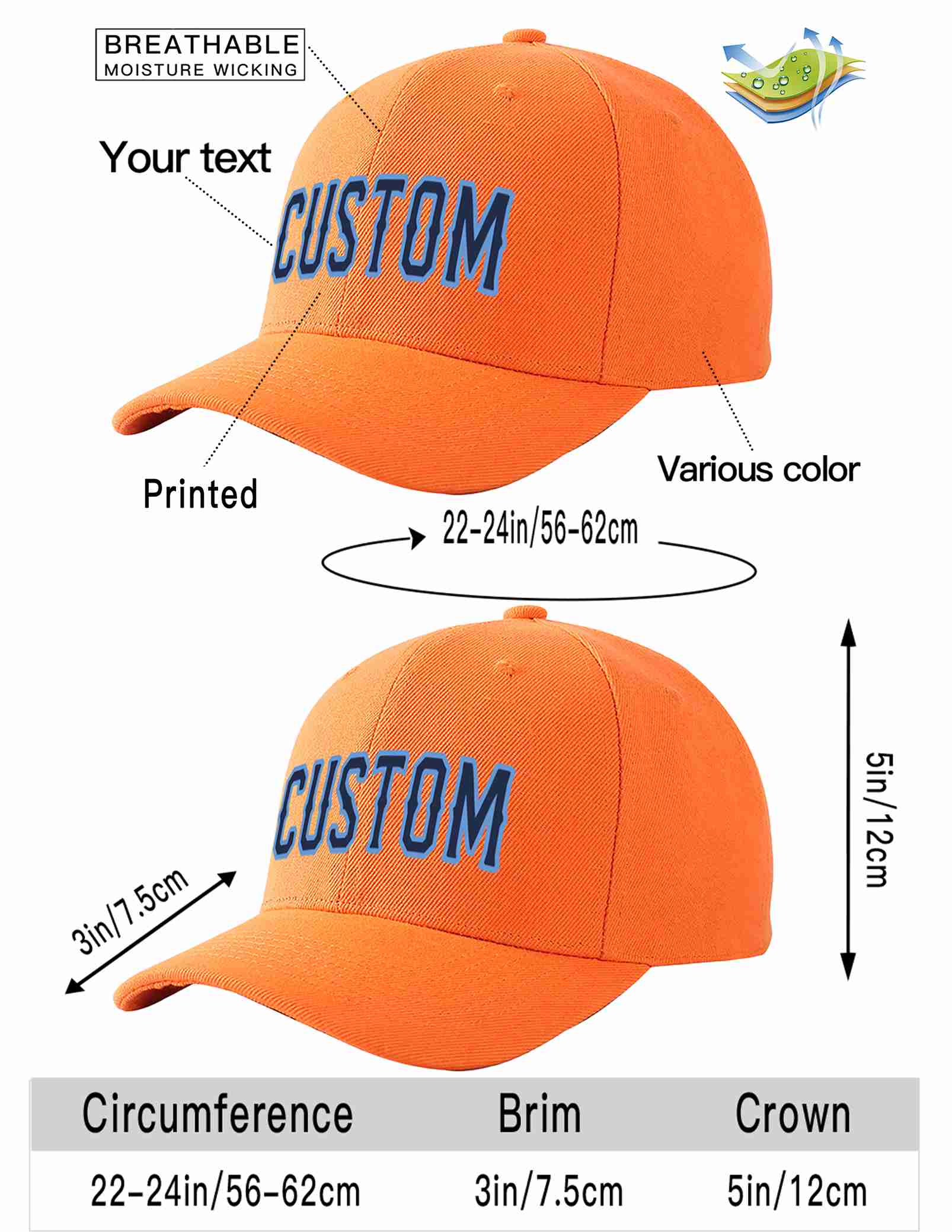 Custom Orange Navy-Light Blue Curved Eaves Sport Baseball Cap Design for Men/Women/Youth