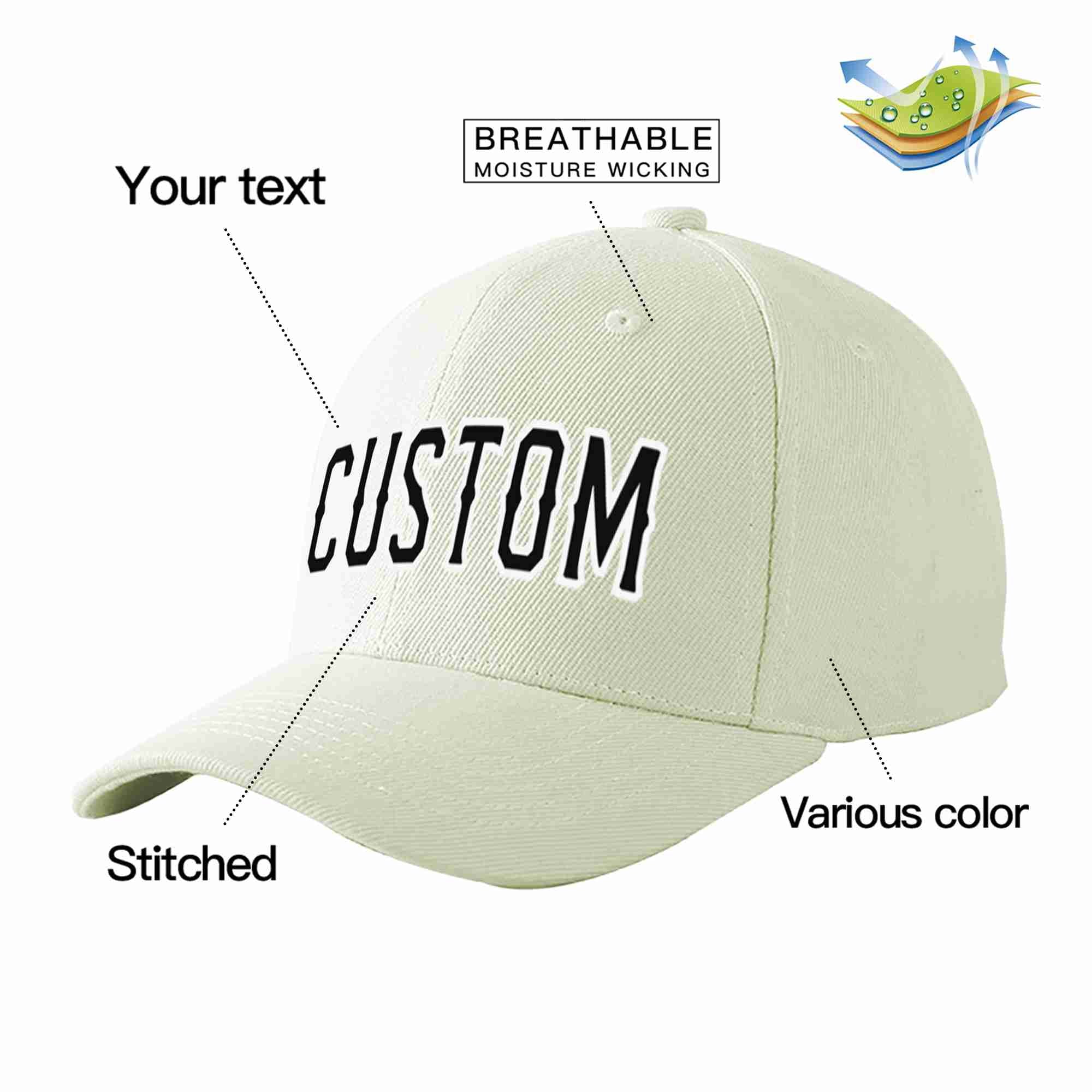 Conception personnalisée de casquette de baseball de sport incurvée noir-blanc crème pour hommes/femmes/jeunes