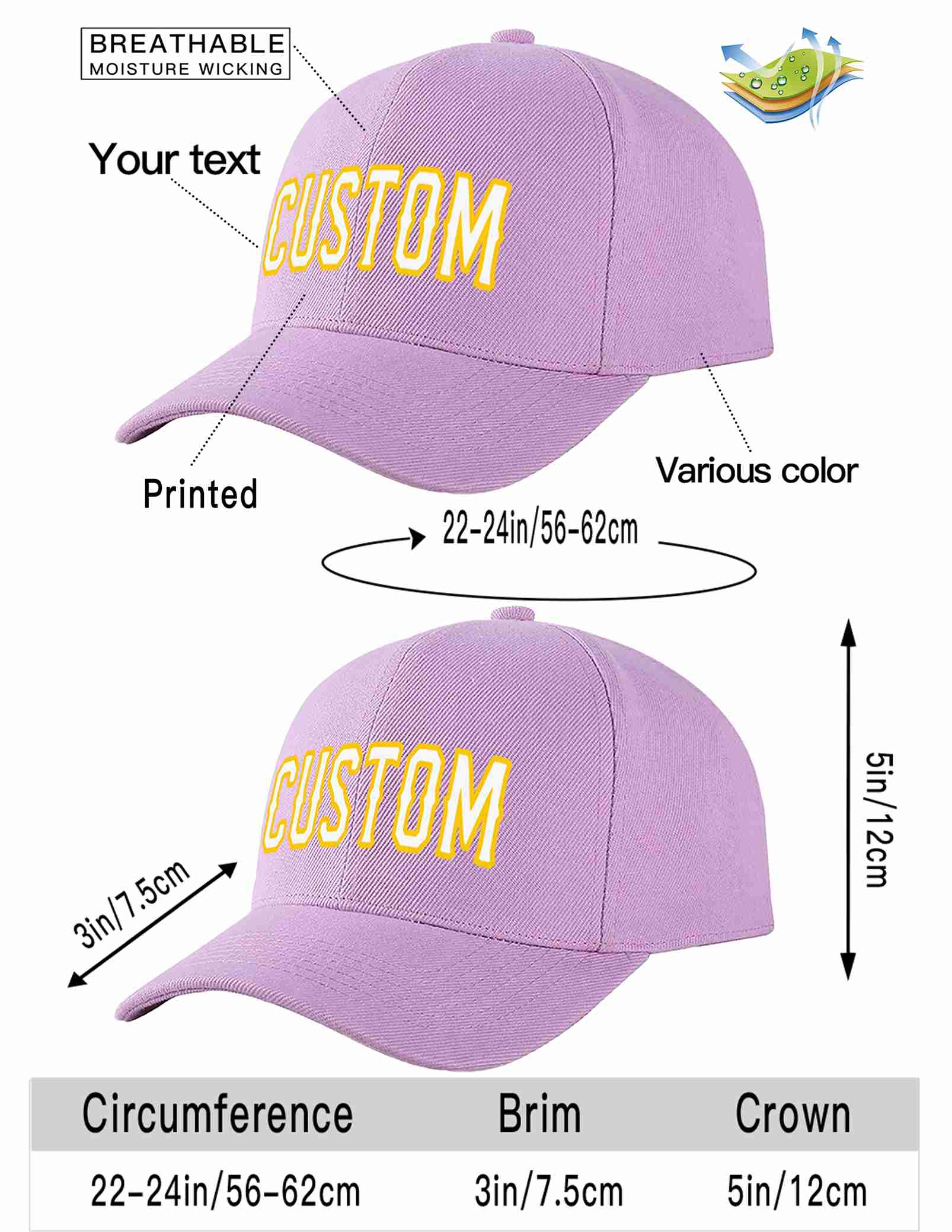 Custom Light Purple White-Gold Curved Eaves Sport Baseball Cap Design for Men/Women/Youth