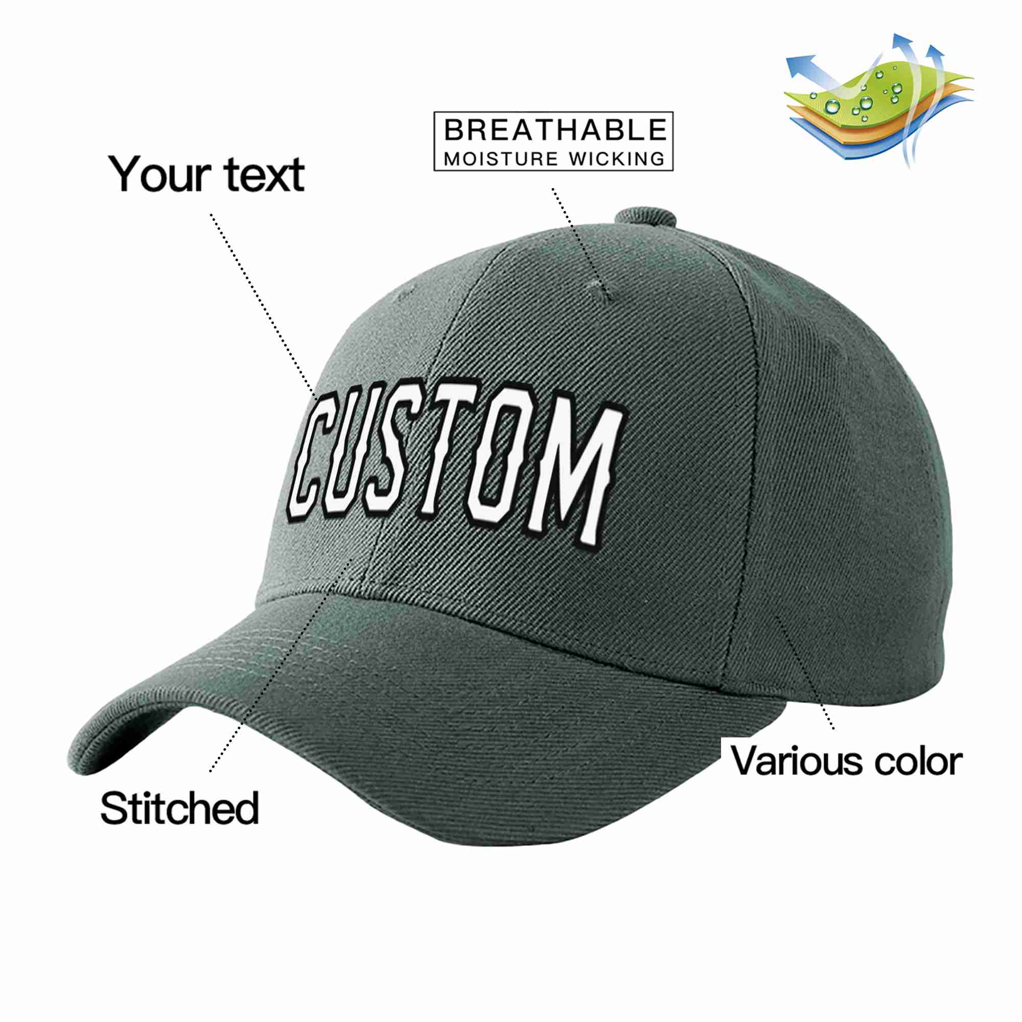 Conception personnalisée de casquette de baseball de sport incurvée gris foncé blanc-noir pour hommes/femmes/jeunes