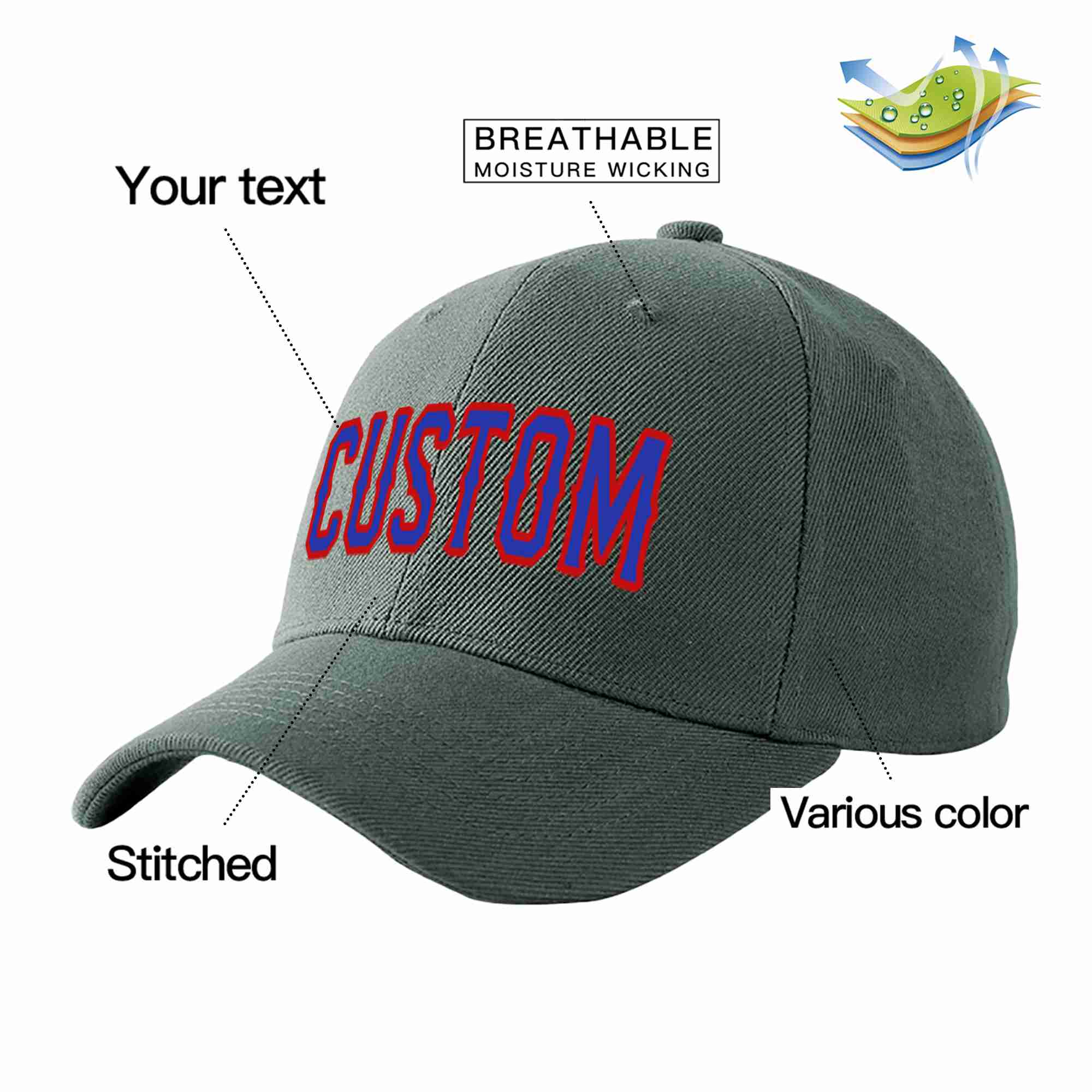 Custom Dark Gray Royal-Red Curved Eaves Sport Baseball Cap Design for Men/Women/Youth