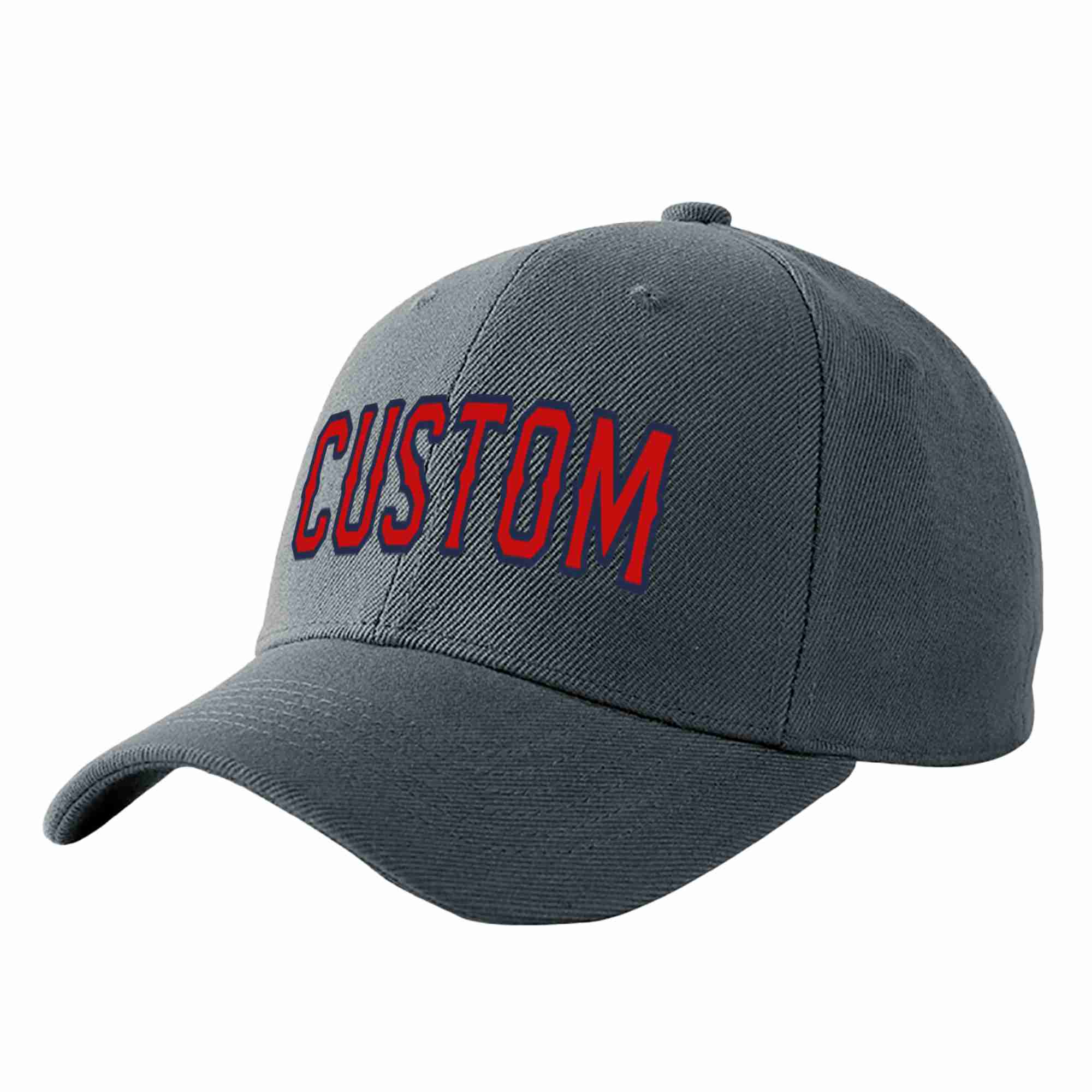 Custom Dark Gray Red-Navy Curved Eaves Sport Baseball Cap Design for Men/Women/Youth