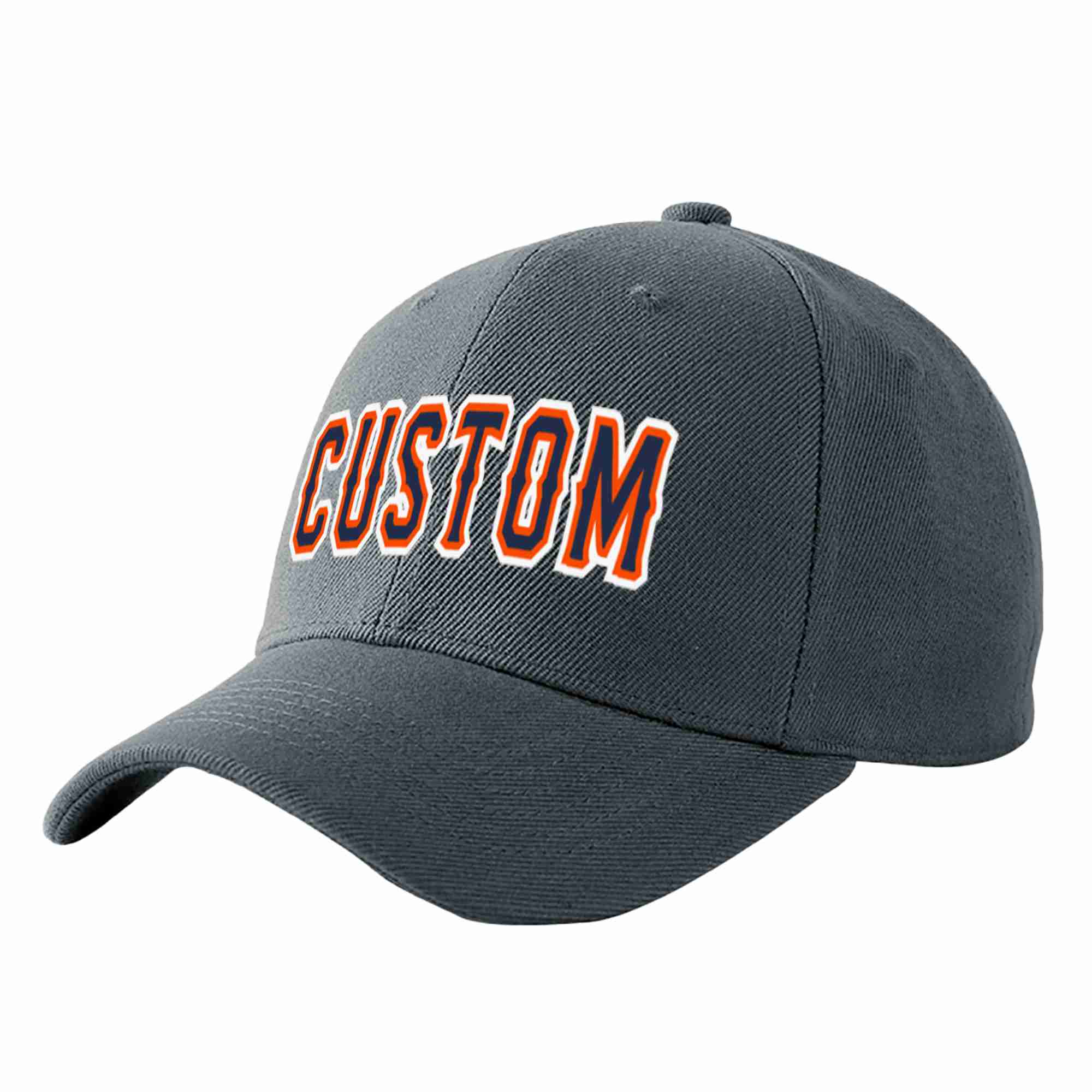 Conception personnalisée de casquette de baseball de sport incurvée gris foncé marine-orange pour hommes/femmes/jeunes