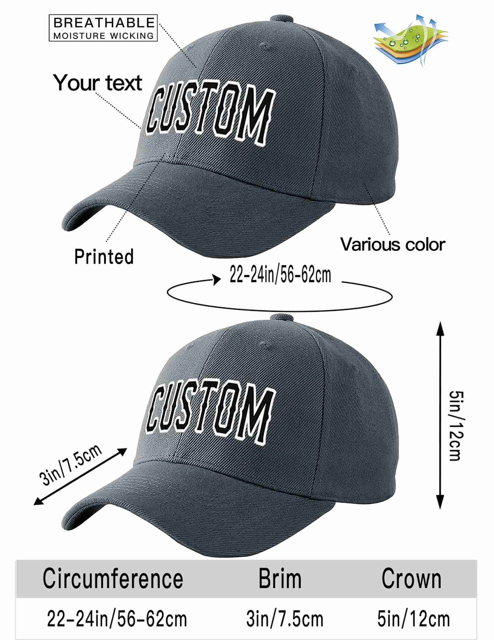 Custom Dark Gray Black-White Curved Eaves Sport Baseball Cap Design for Men/Women/Youth