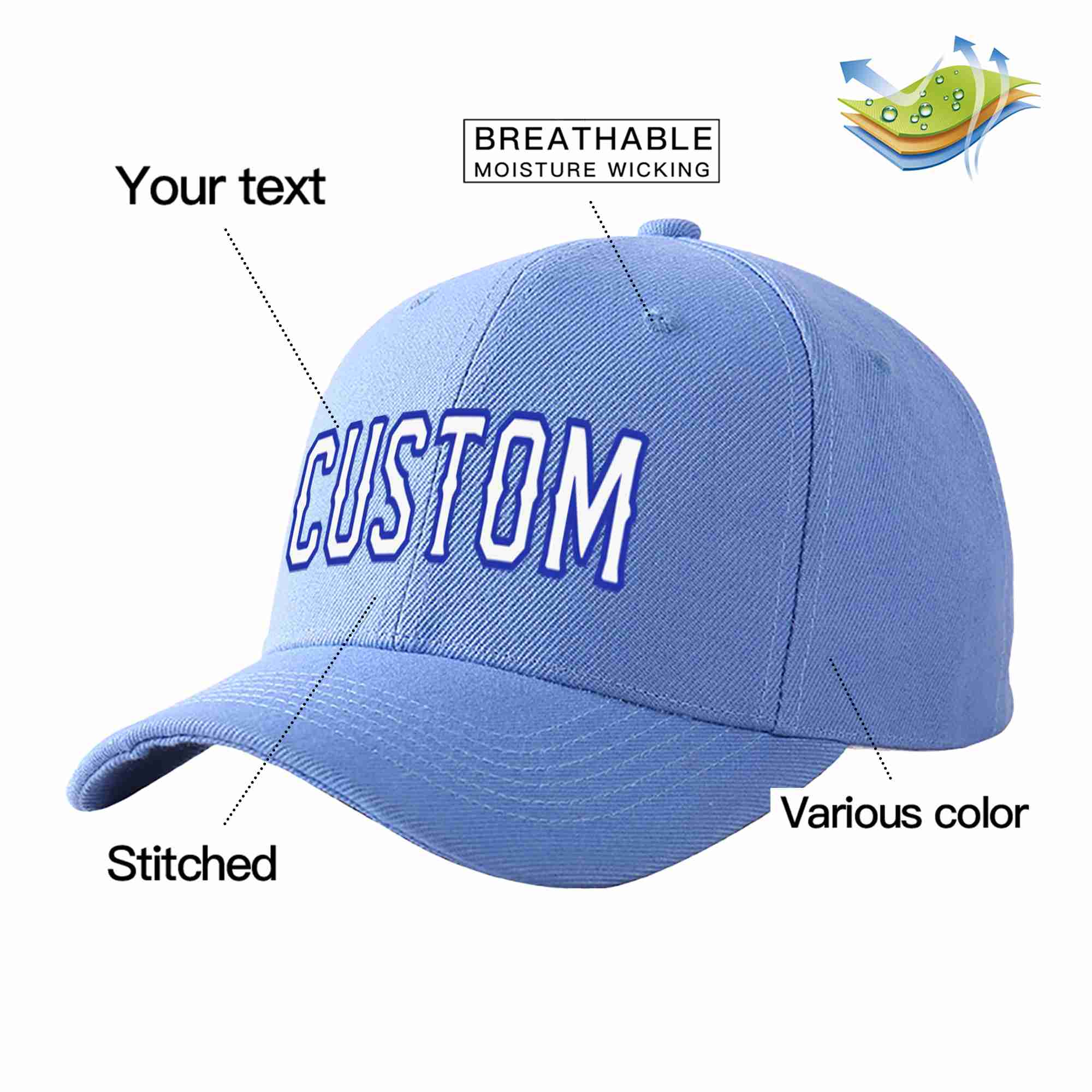 Custom Sky Blue White-Royal Curved Eaves Sport Baseball Cap Design for Men/Women/Youth