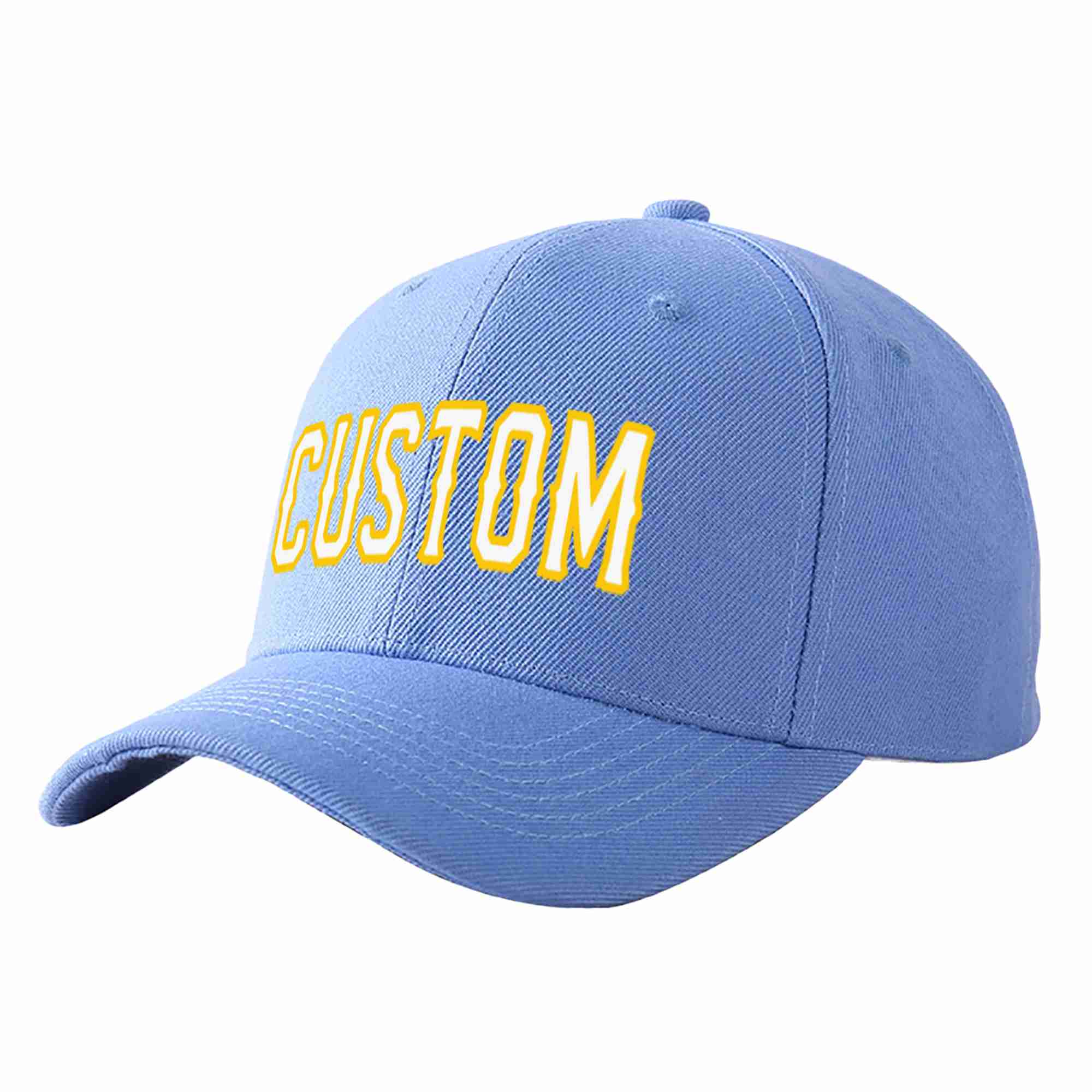 Conception personnalisée de casquette de baseball de sport courbée bleu ciel blanc-or pour hommes/femmes/jeunes