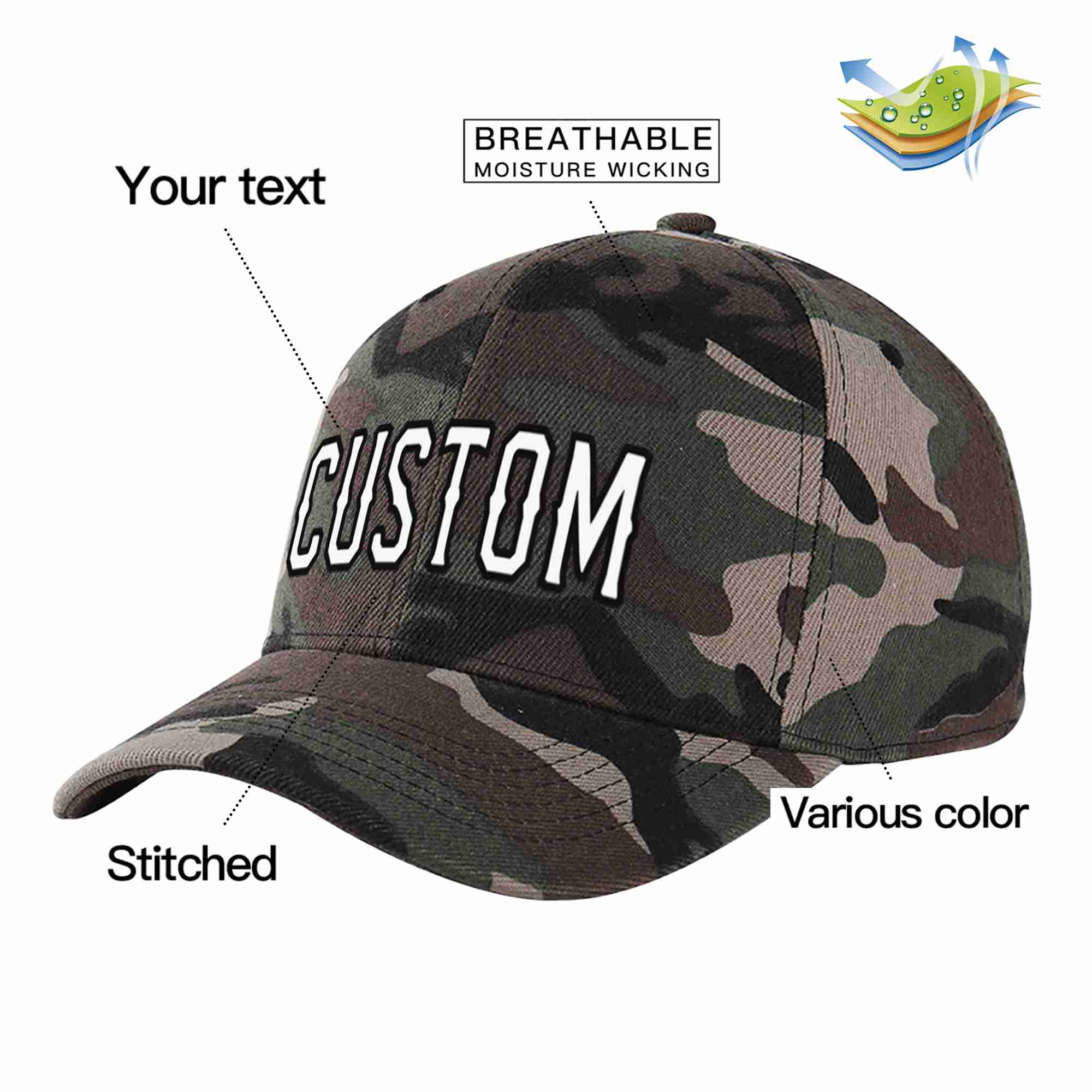 Conception de casquette de baseball de sport à avant-toit incurvé blanc-noir camouflage personnalisé pour hommes/femmes/jeunes