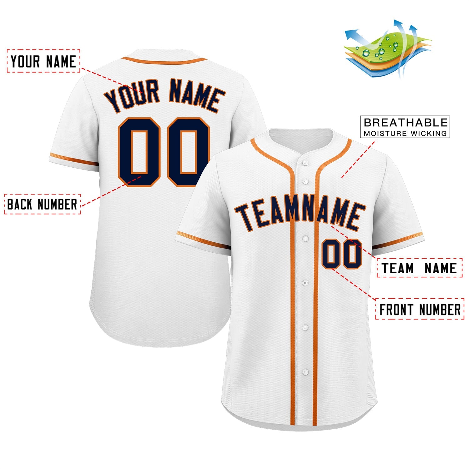 Maillot de baseball authentique de style classique blanc marine-orange personnalisé