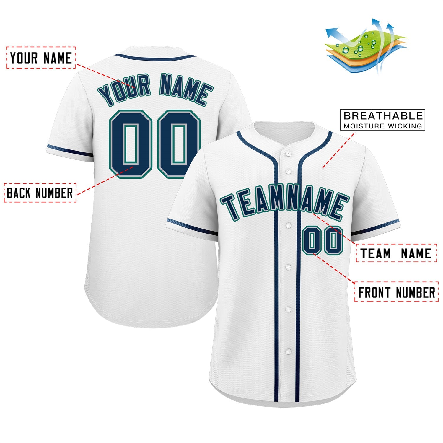 Custom White Navy-Aqua Classic Style Authentic Baseball Jersey