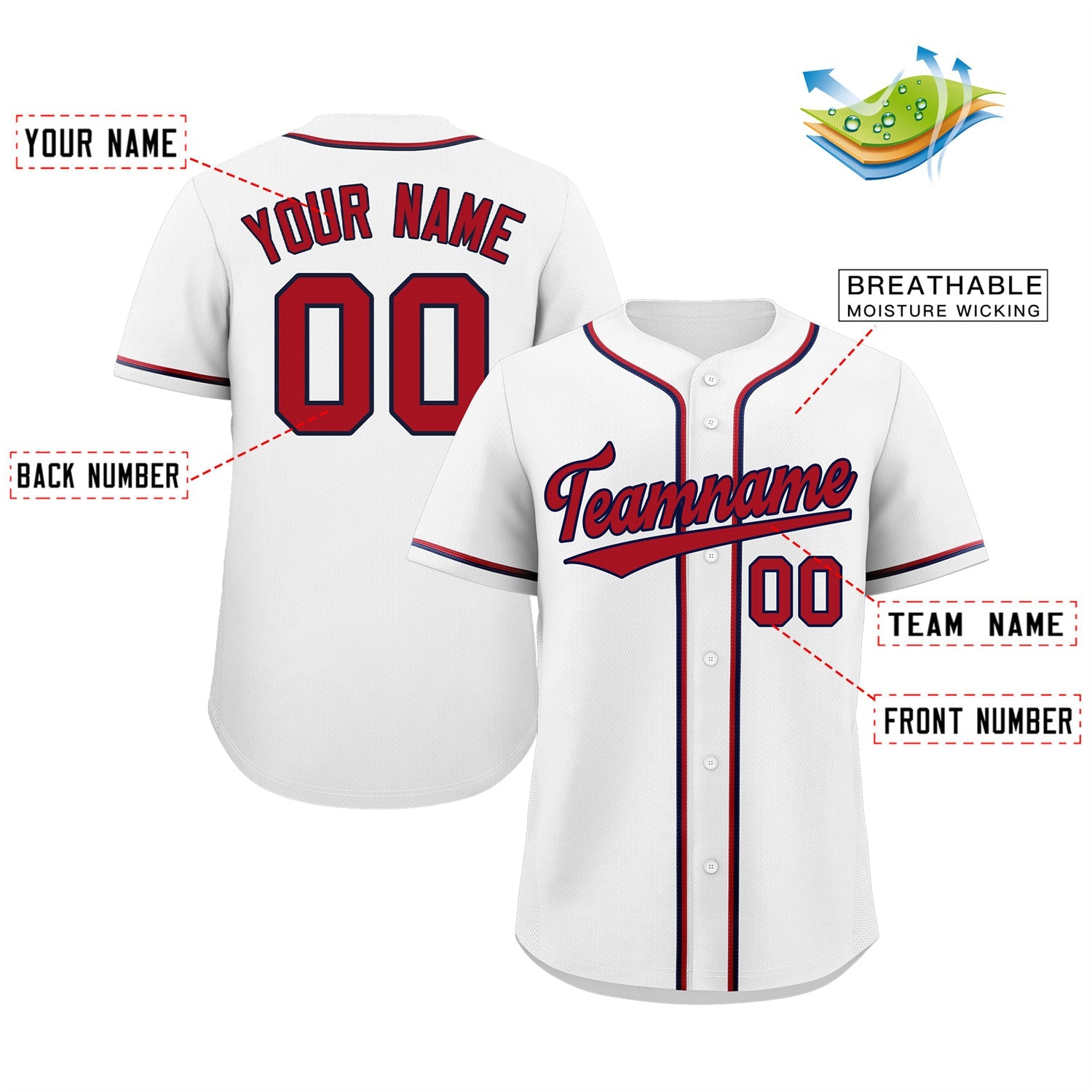 Custom White Red-Navy Classic Style Authentic Baseball Jersey