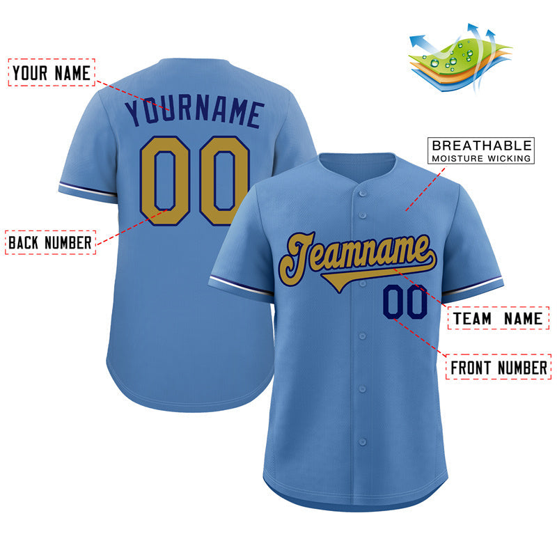 Maillot de baseball authentique de style classique bleu clair personnalisé Old Gold-Royal