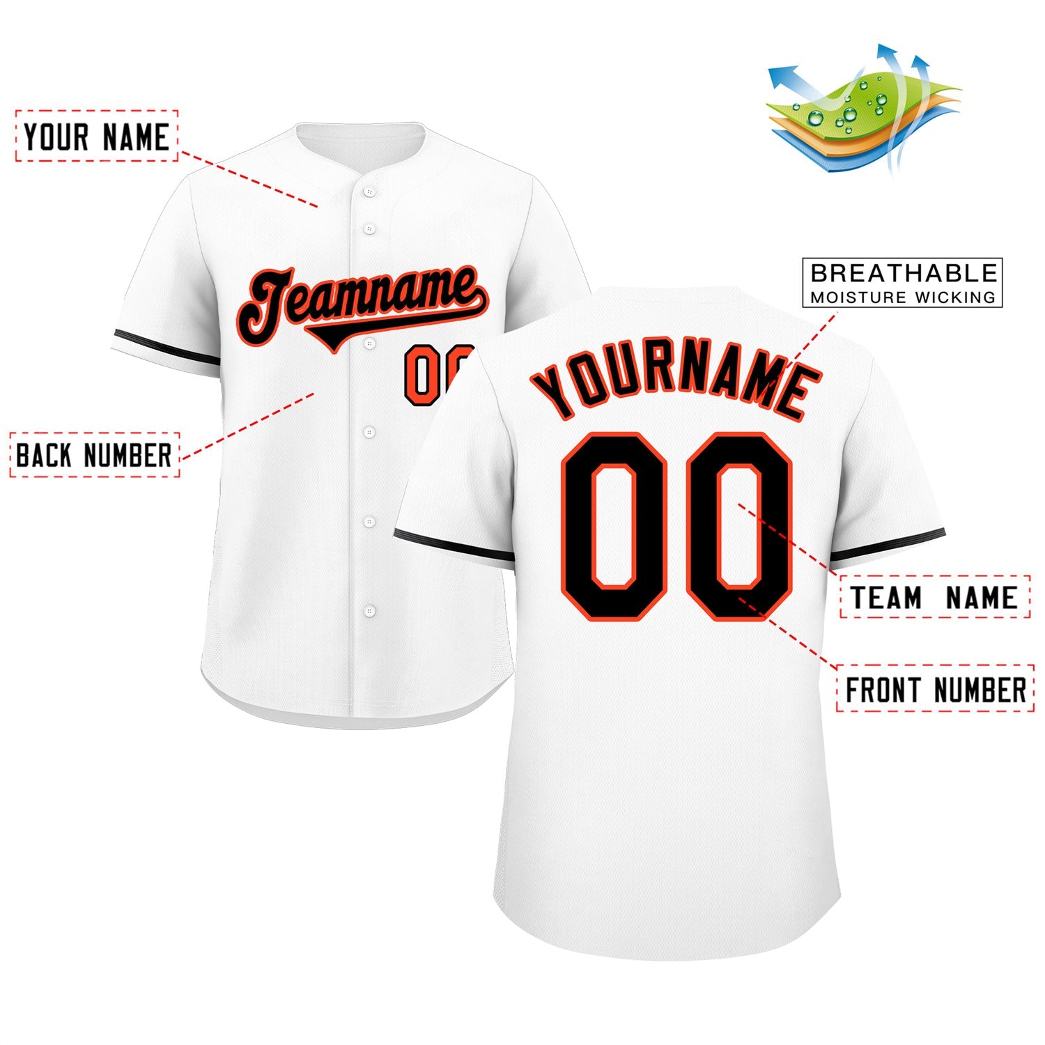 Maillot de baseball authentique de style classique blanc noir-orange personnalisé