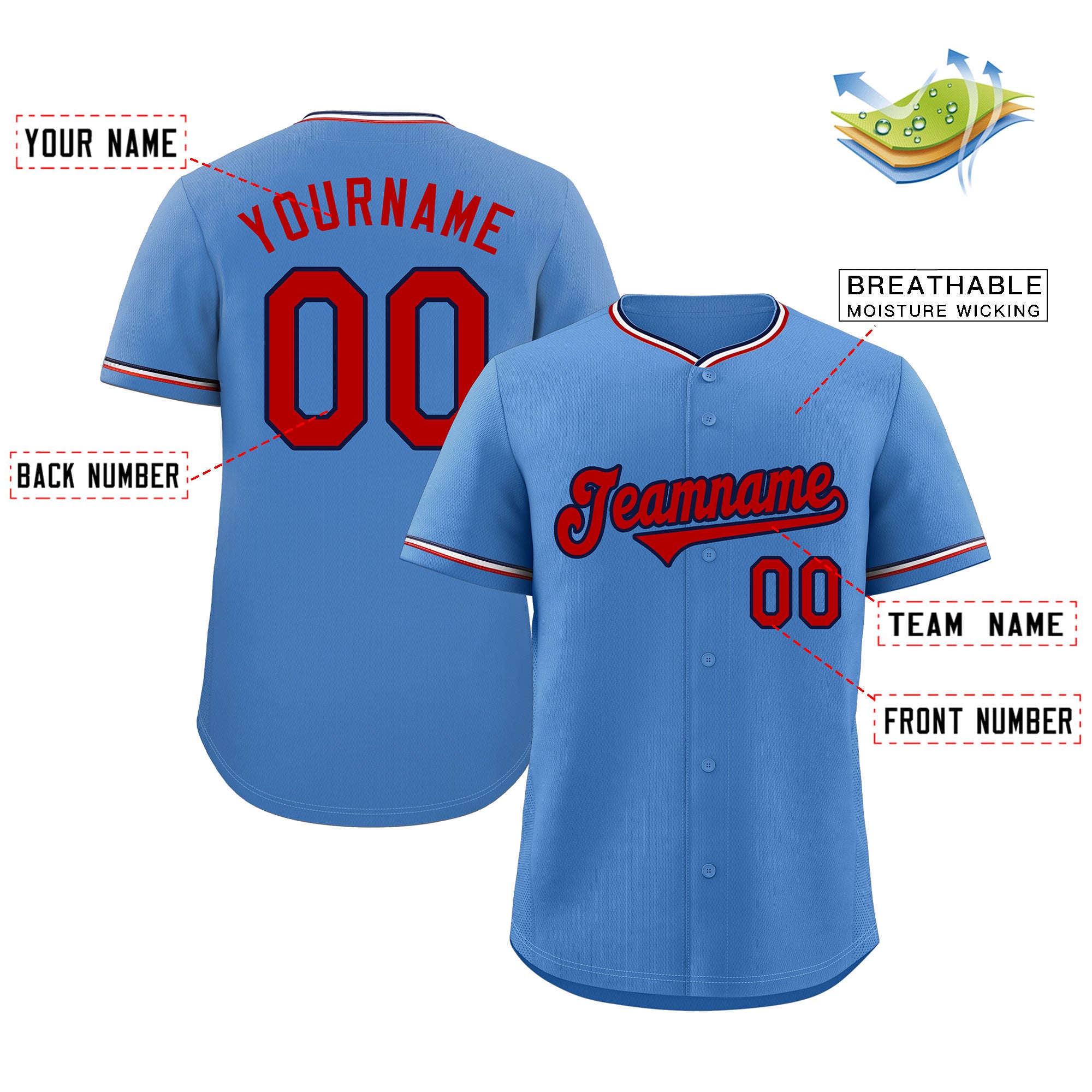 Custom Light Blue Red-Navy Classic Style Authentic Baseball Jersey