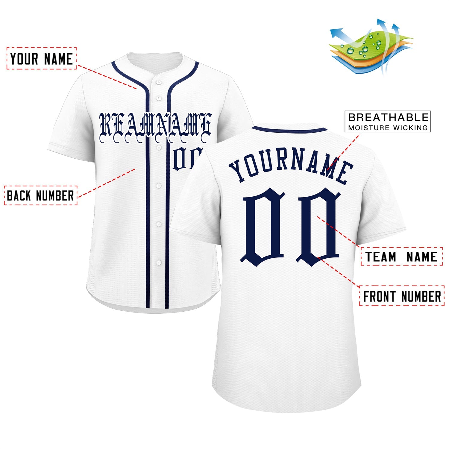 Maillot de baseball authentique de style classique blanc marine personnalisé