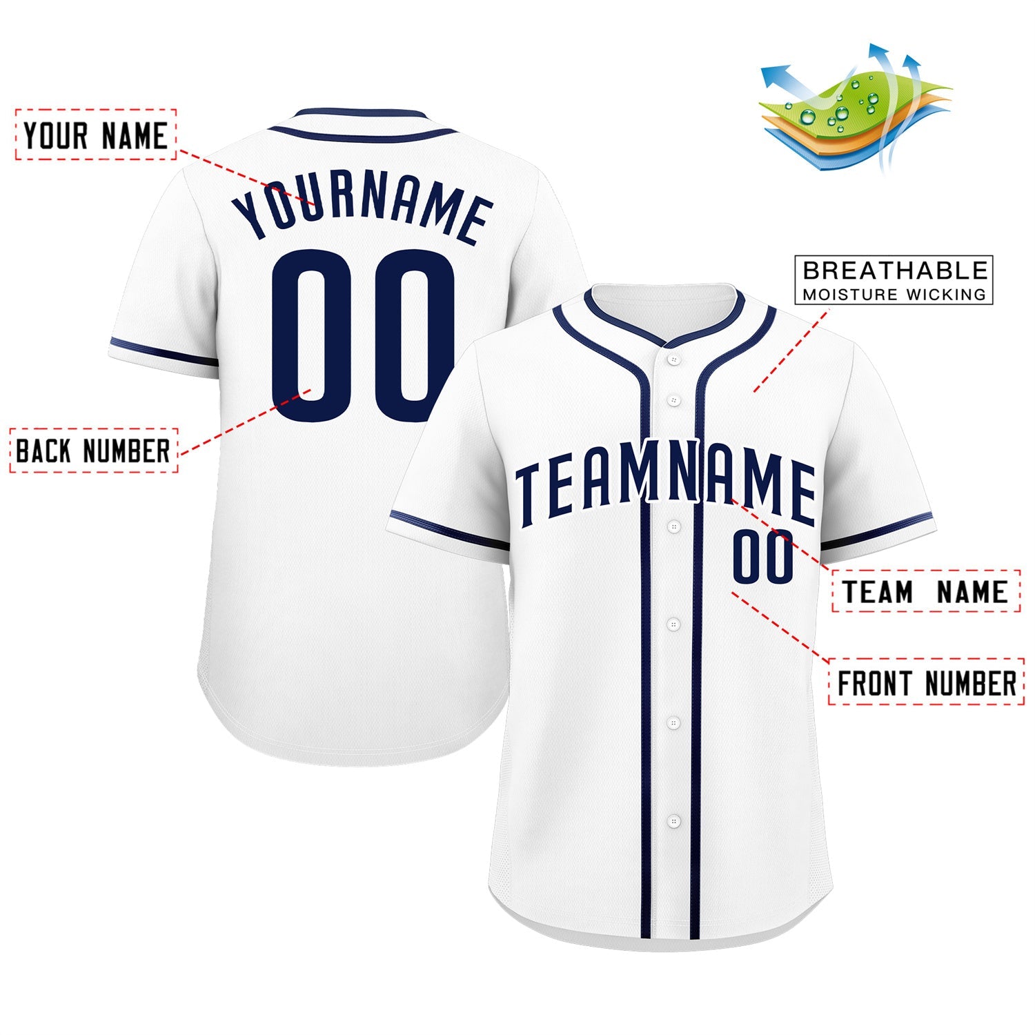 Maillot de baseball authentique de style classique blanc marine-blanc personnalisé