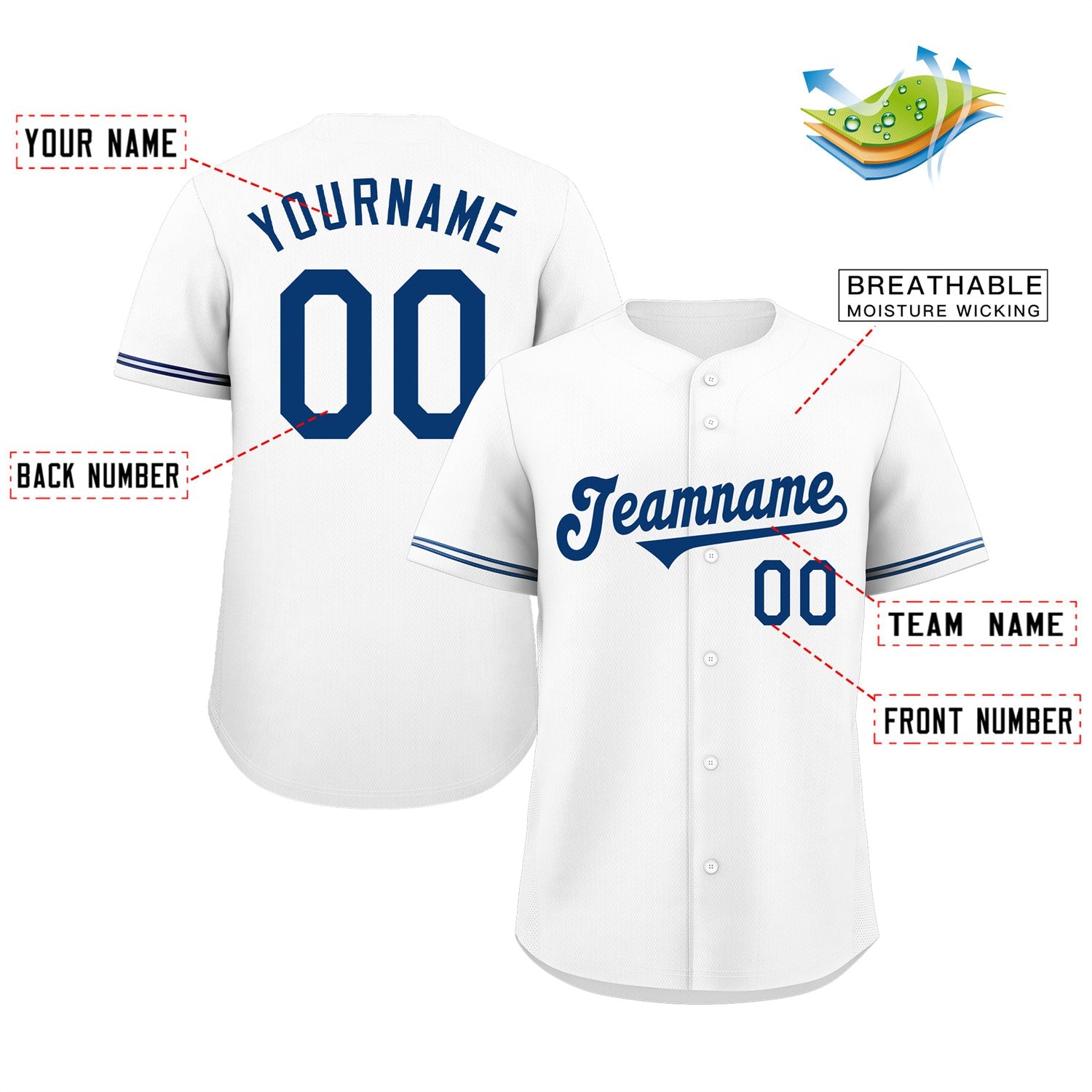 Maillot de baseball authentique de style classique royal blanc personnalisé