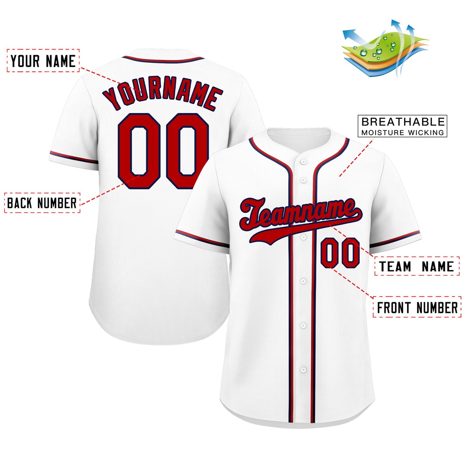 Maillot de baseball authentique de style classique blanc rouge-royal personnalisé