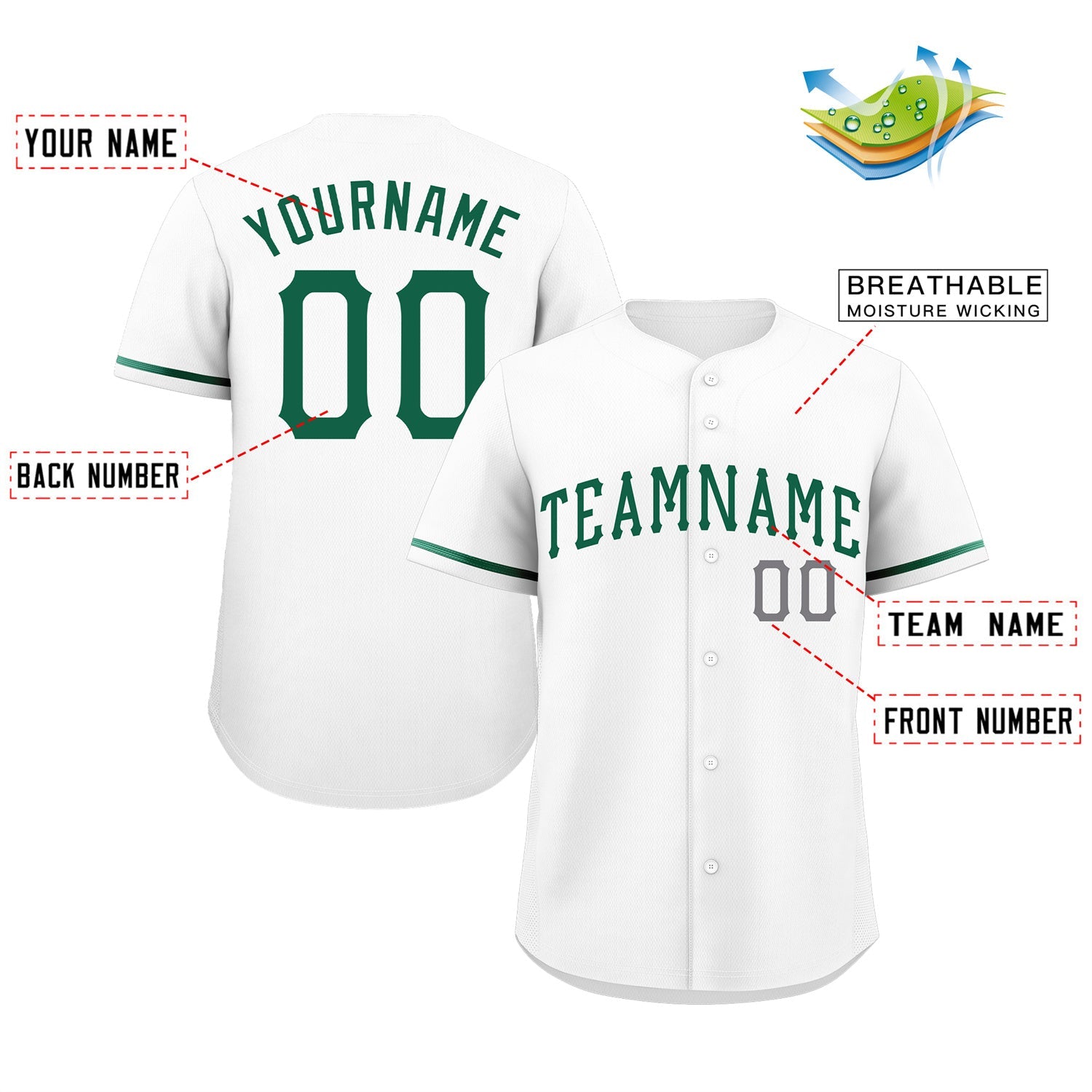 Maillot de baseball authentique de style classique blanc vert-gris personnalisé