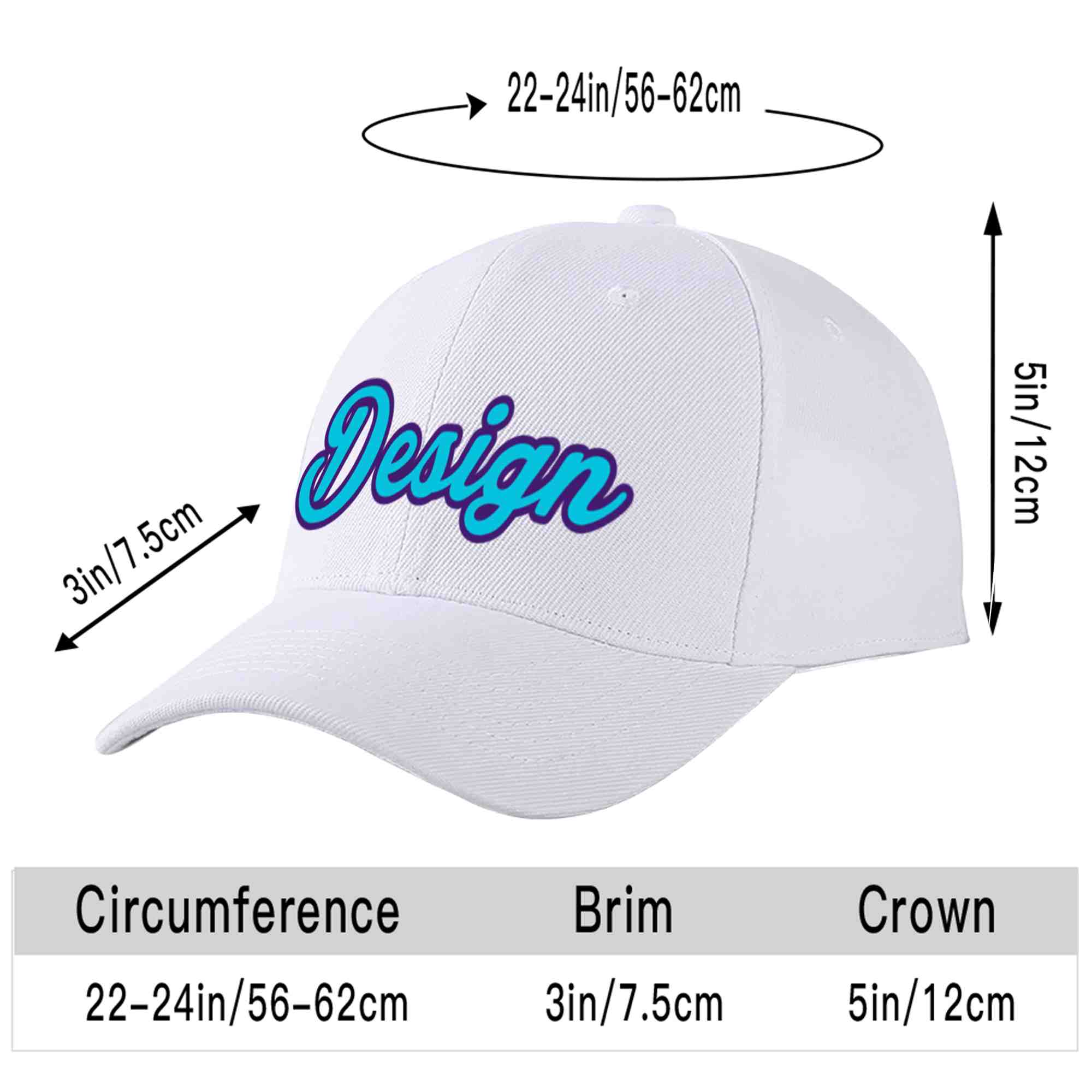 Casquette de baseball incurvée personnalisée, blanc, bleu clair, violet, design sportif