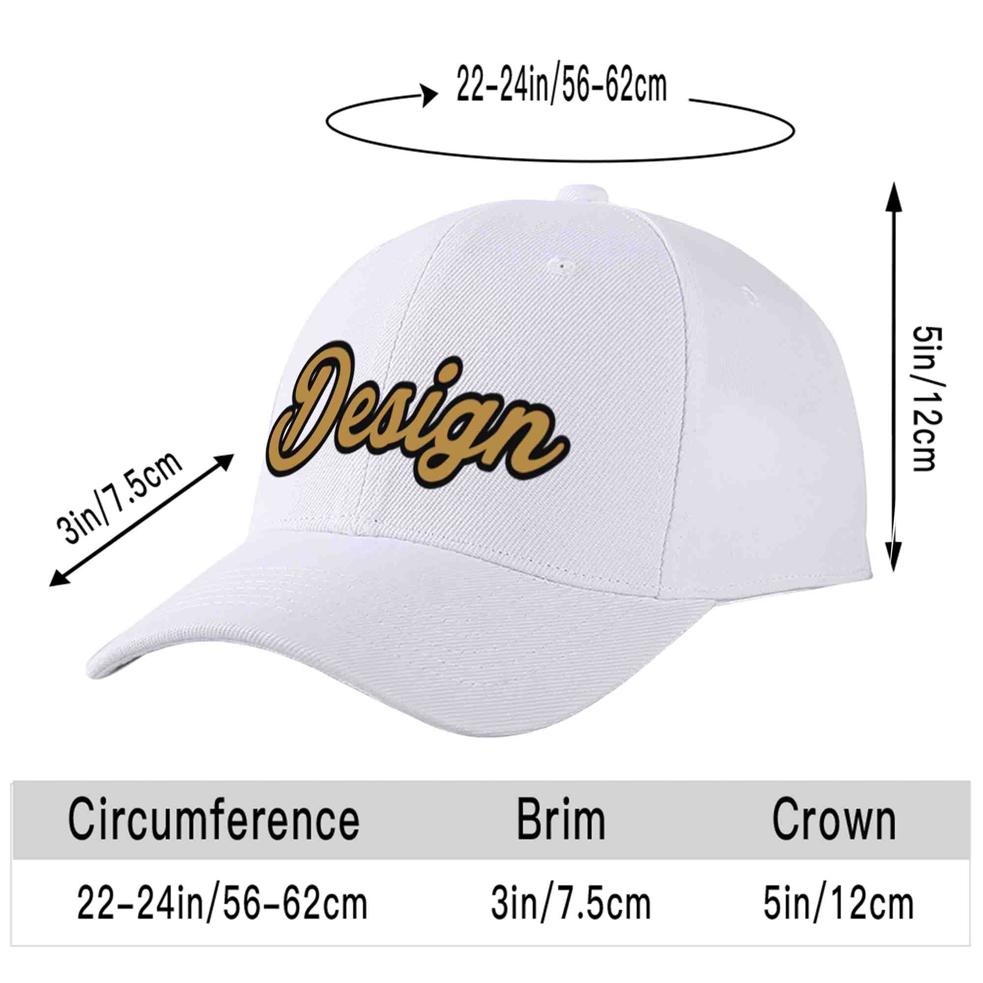 Custom White Old Gold-Black Curved Eaves Sport Design Baseball Cap