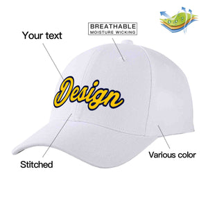 Custom White Yellow-Navy Curved Eaves Sport Design Baseball Cap