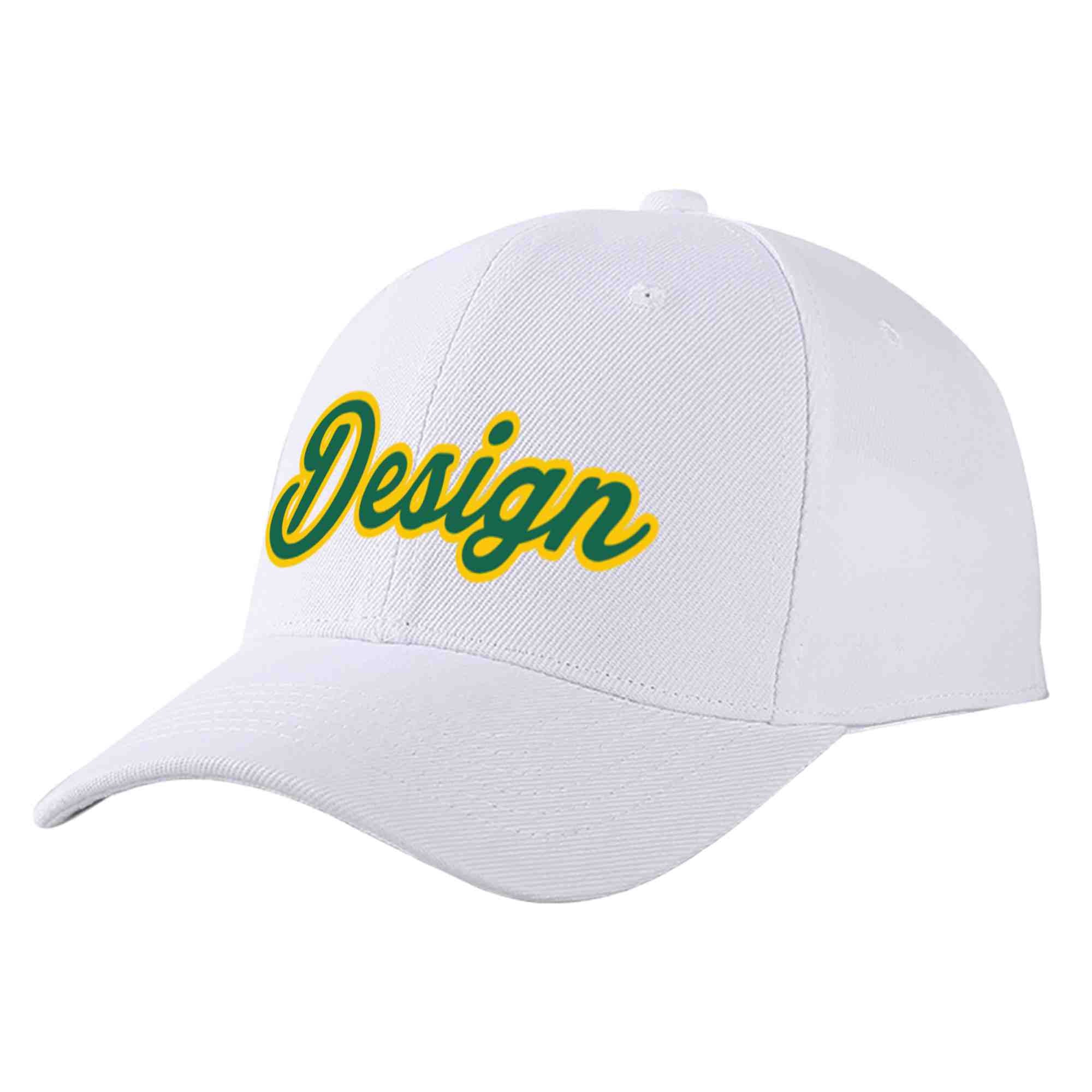 Custom White Kelly Green-Yellow Curved Eaves Sport Design Baseball Cap