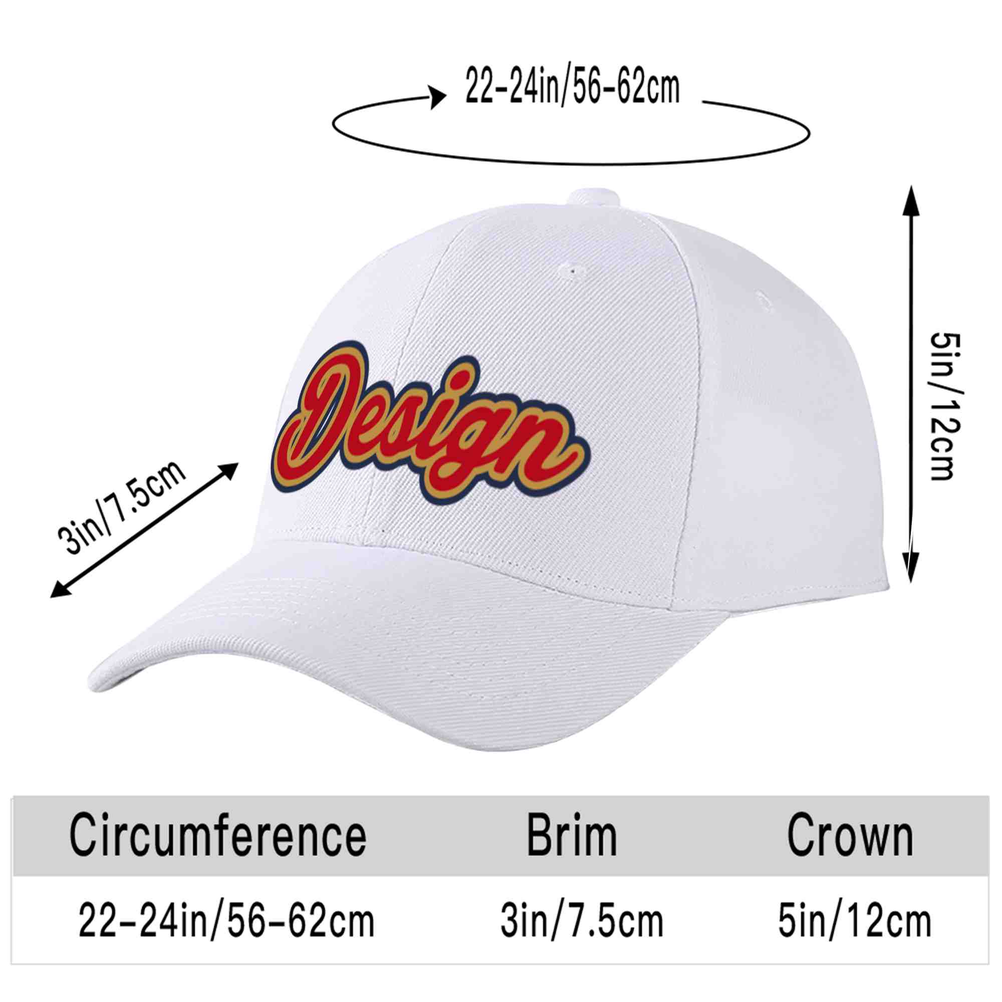 Custom White Red-Old Gold Curved Eaves Sport Design Baseball Cap