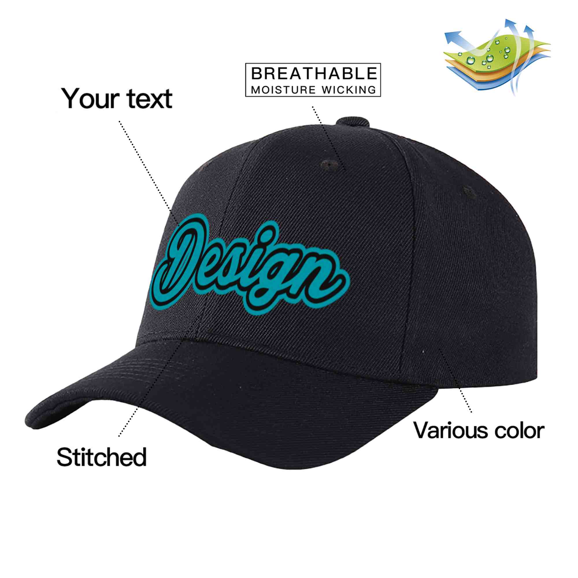 Casquette de baseball personnalisée noire Aqua-Black Curved Eaves Sport Design