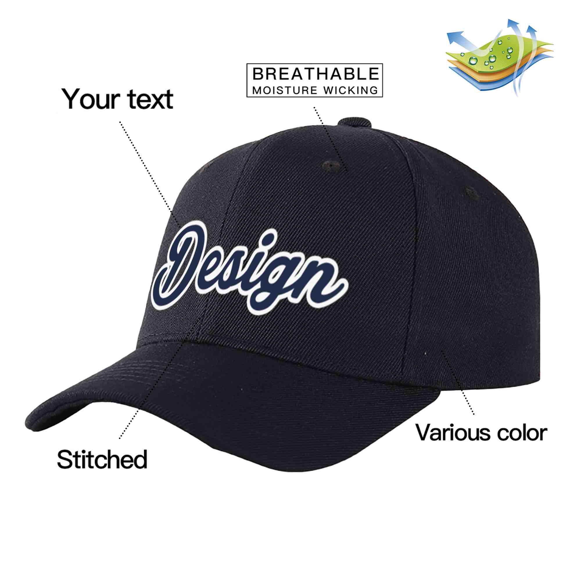 Casquette de baseball courbée personnalisée noire et blanche avec avant-toit et design sportif