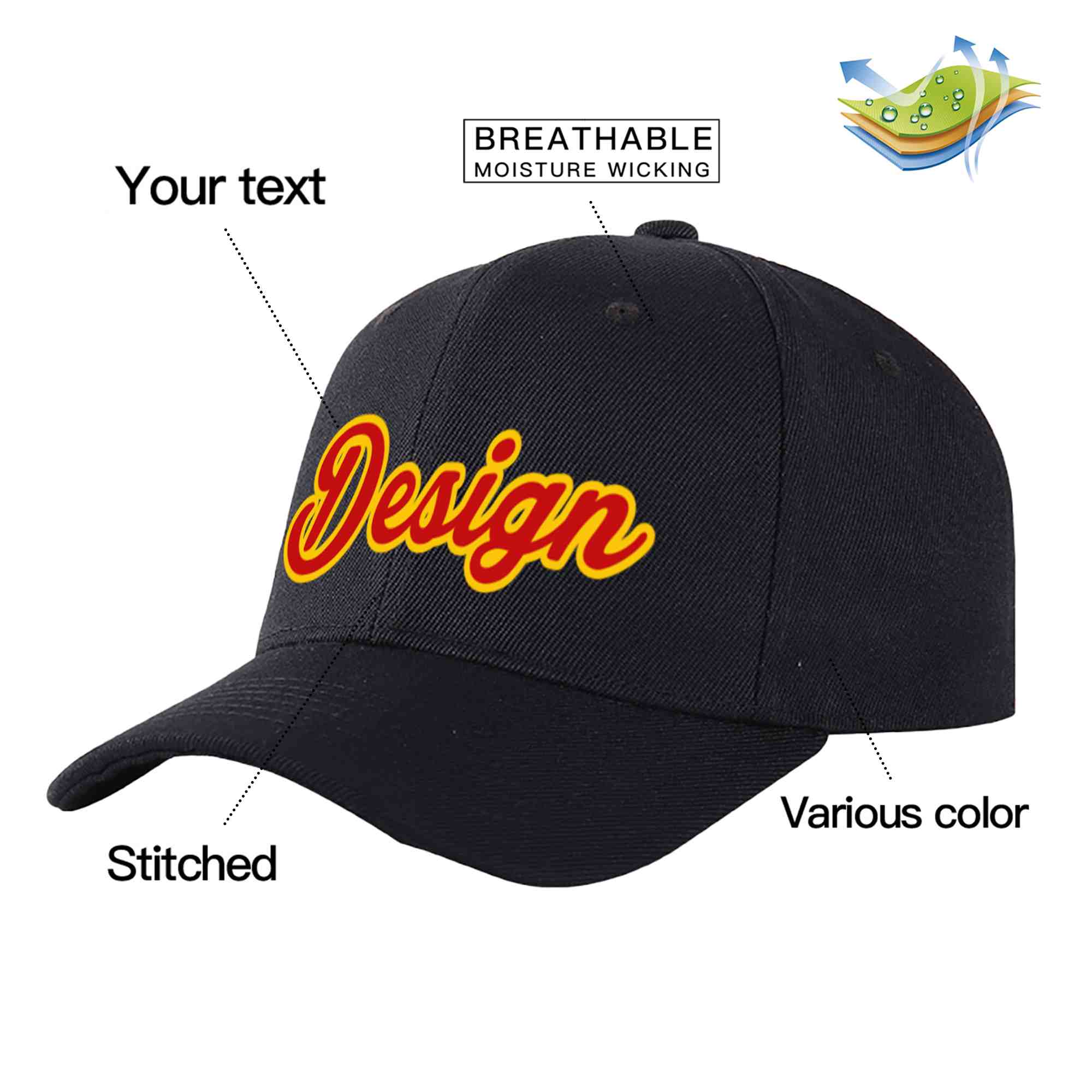 Casquette de baseball de conception de sport incurvée noire rouge-jaune personnalisée