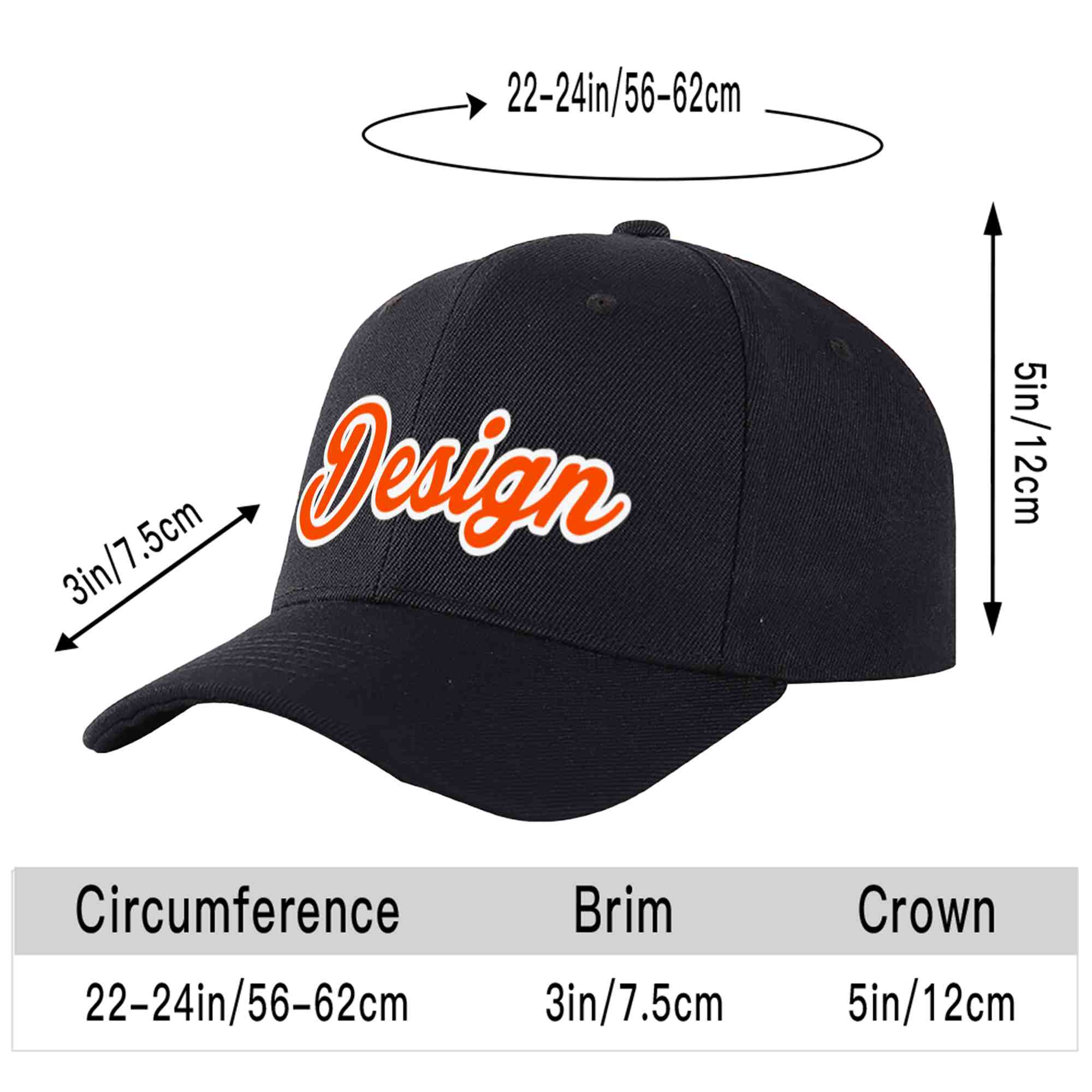 Casquette de baseball personnalisée noire orange-blanche avec avant-toit incurvé