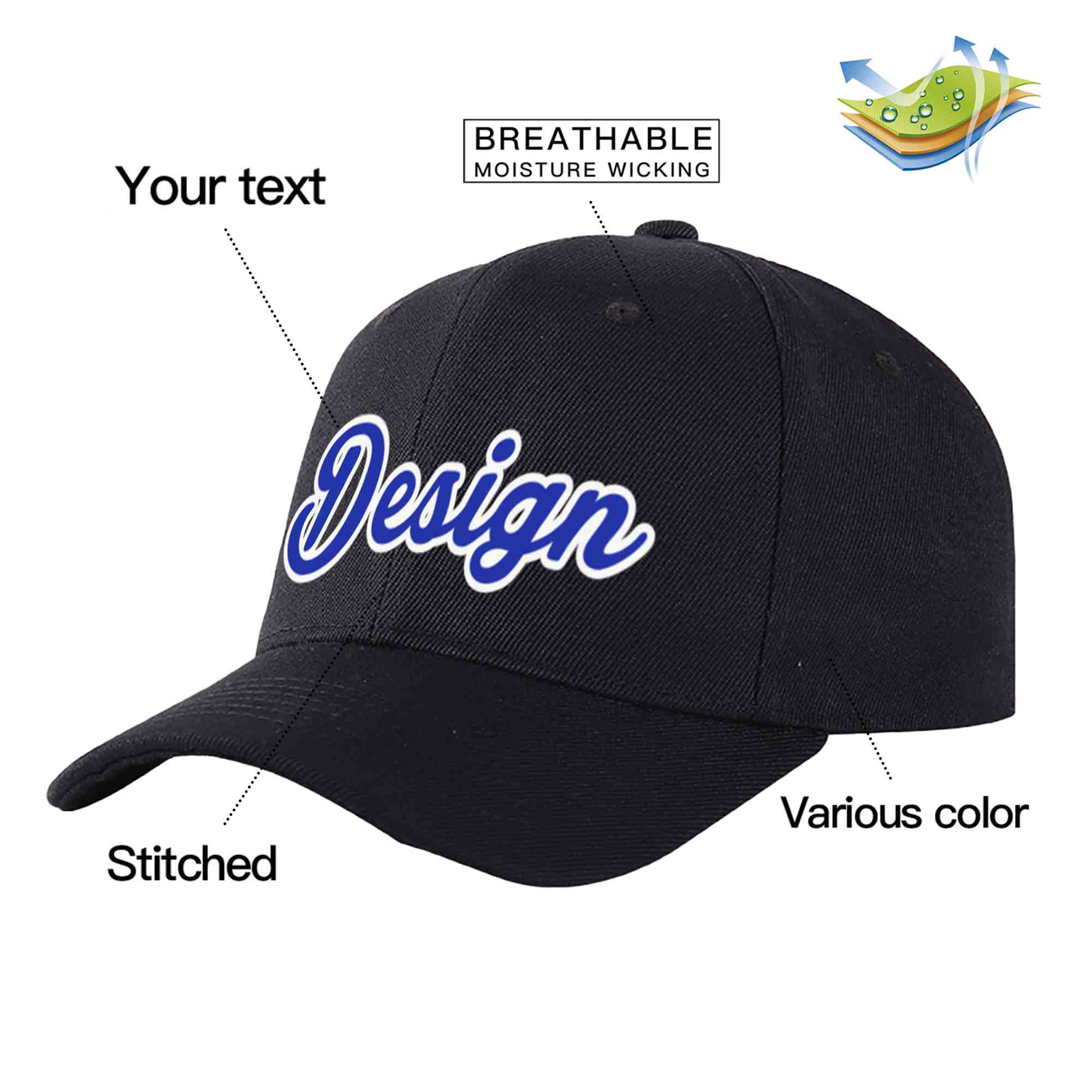 Casquette de baseball personnalisée noire Royal-White Curved Eaves Sport Design