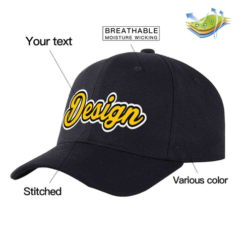 Custom Black Gold-Black Curved Eaves Sport Design Baseball Cap