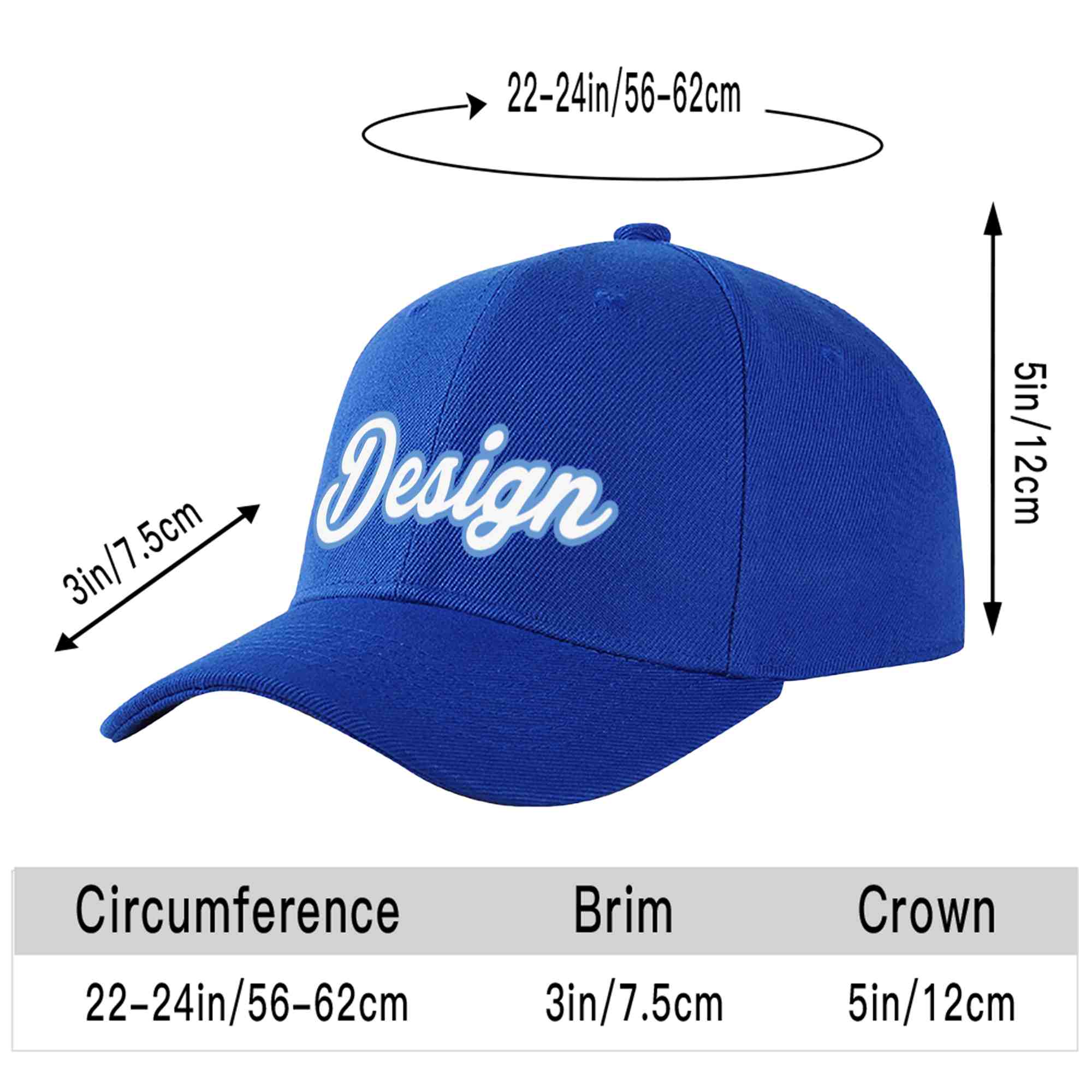 Casquette de baseball personnalisée Royal White-Light Blue Curved Eaves Sport Design